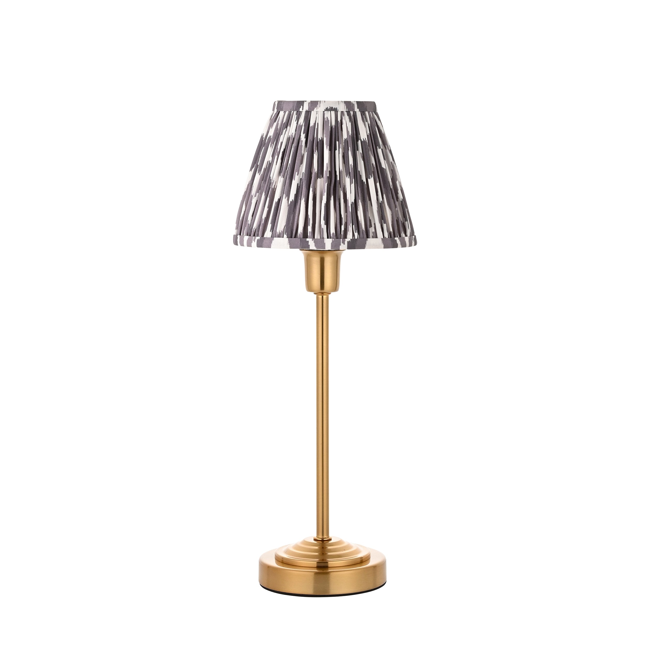 Endon Rise & Ikat 16cm Table Lamp - Vintage Brass Finish & Pearl Grey Fabric