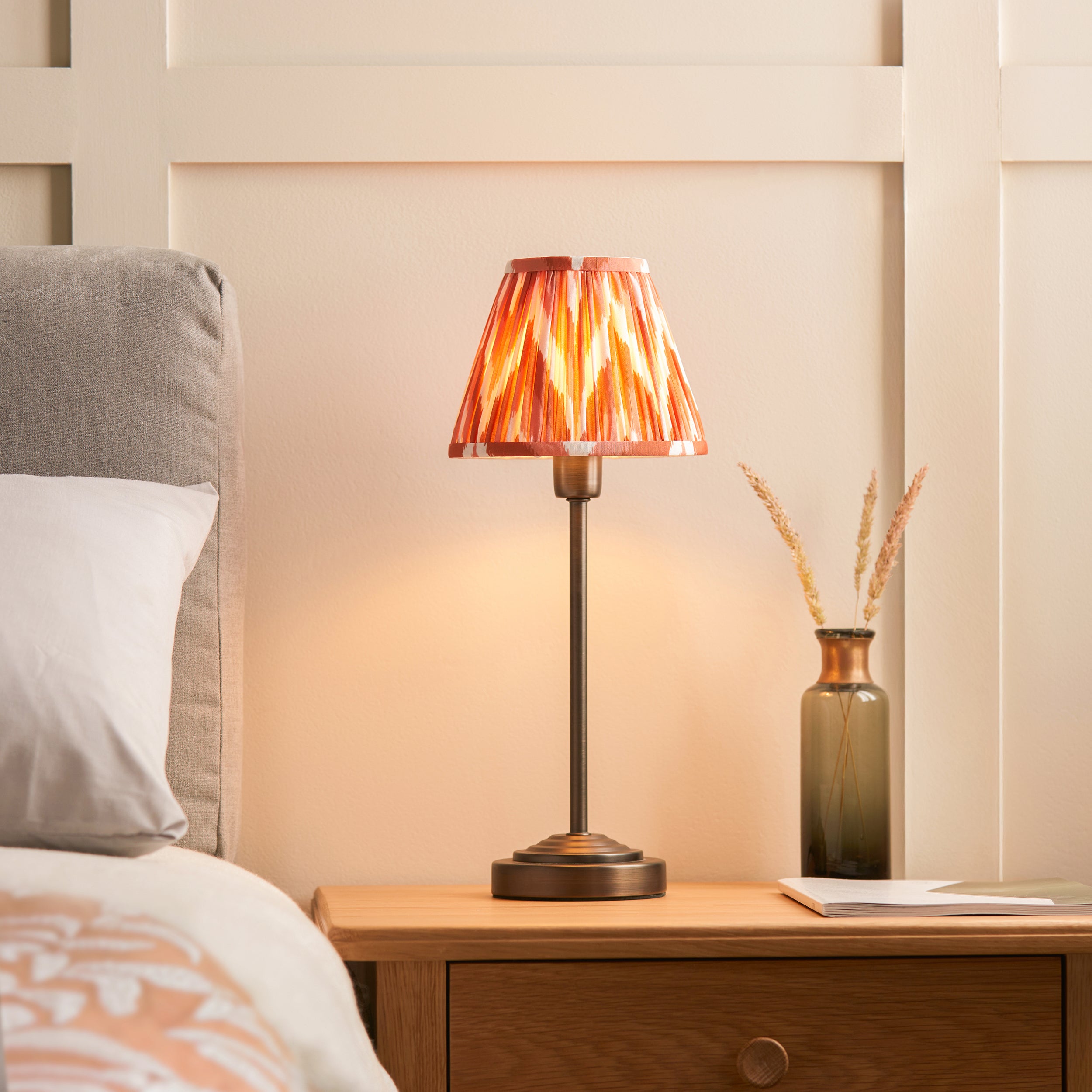 Endon Rise & Zigzag 16cm Table Lamp - Antique Bronze Plate & Apricot Orange Fabric