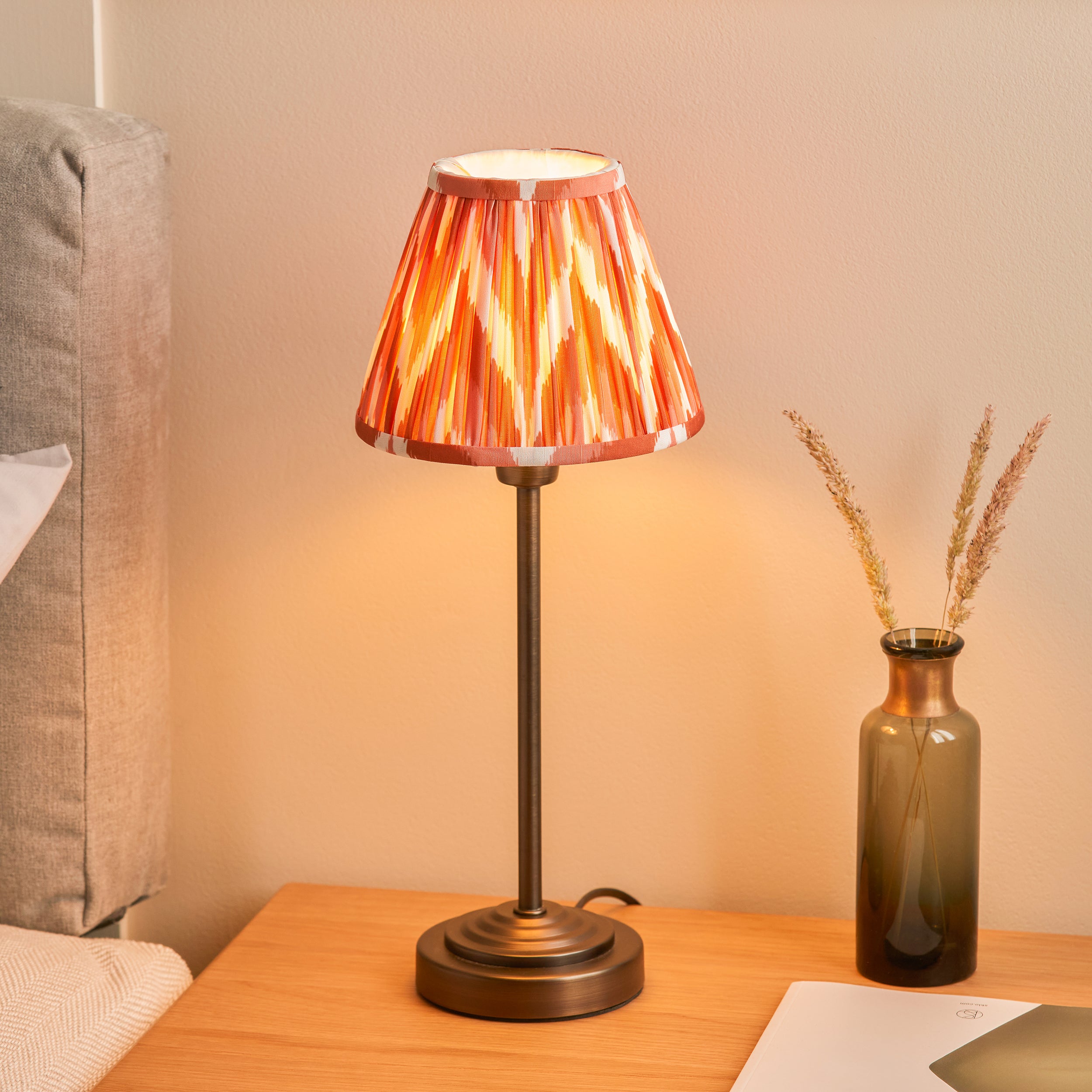 Endon Rise & Zigzag 16cm Table Lamp - Antique Bronze Plate & Apricot Orange Fabric