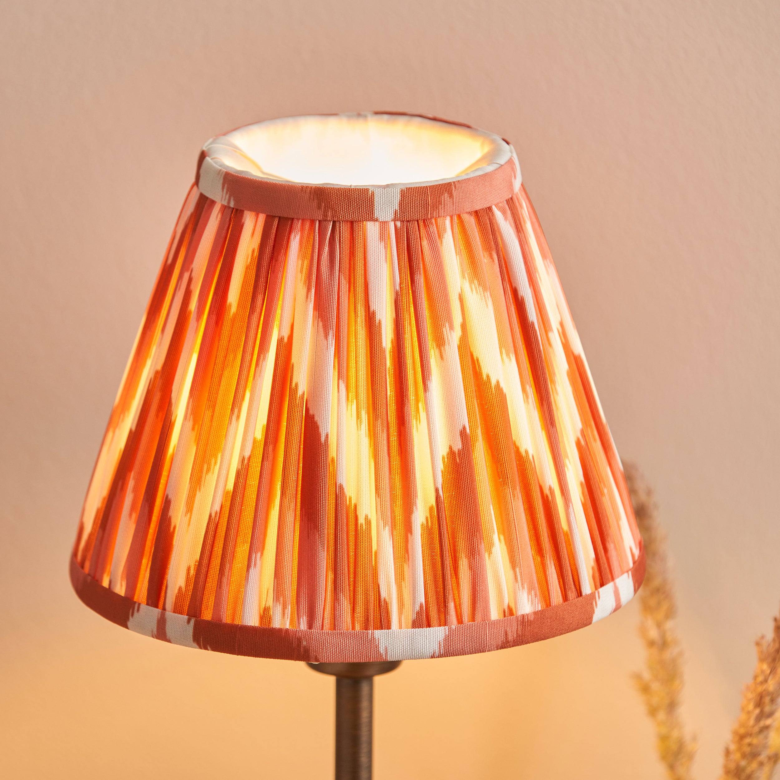 Endon Rise & Zigzag 16cm Table Lamp - Antique Bronze Plate & Apricot Orange Fabric