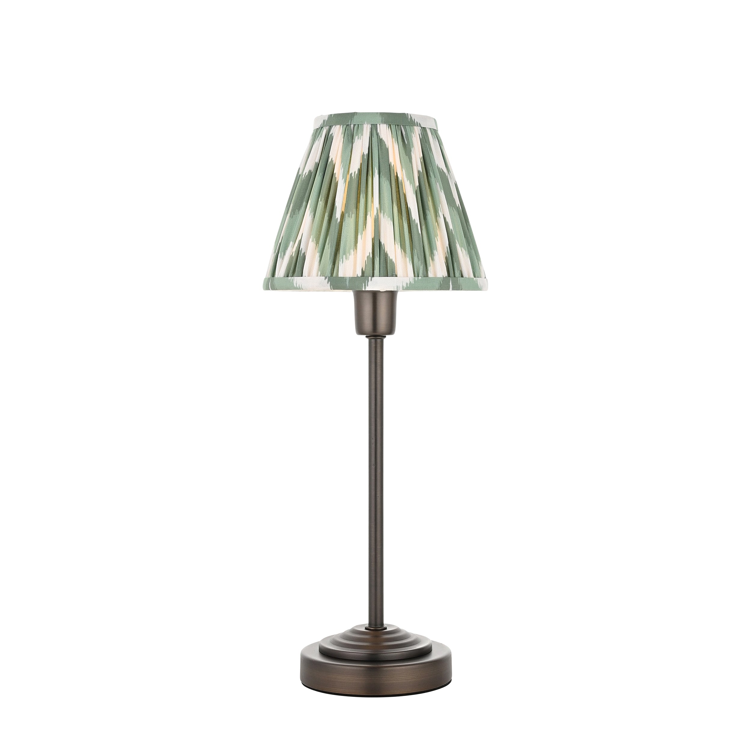Endon Rise & Zigzag 16cm Table Lamp - Antique Bronze Plate & Cotswold Green Fabric