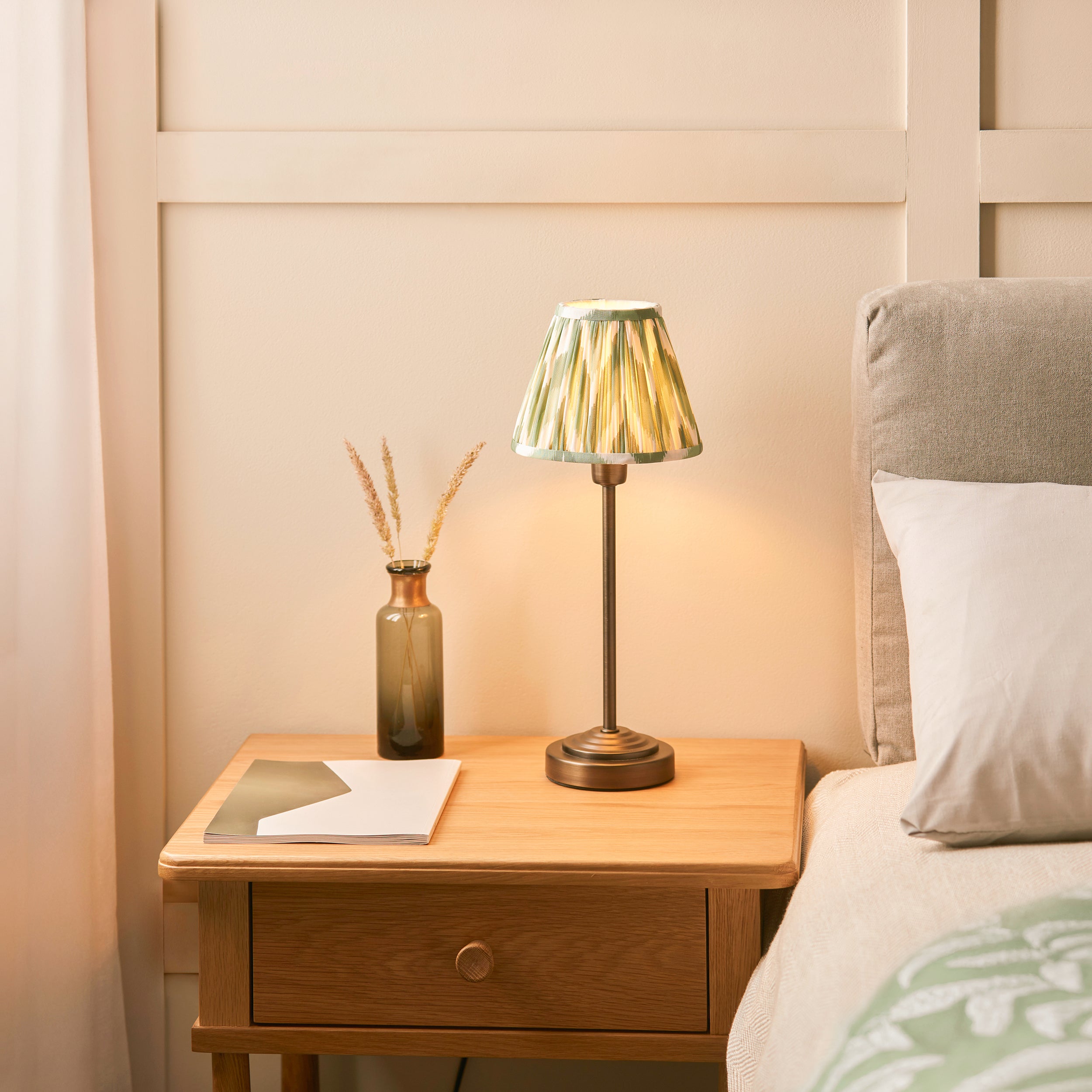 Endon Rise & Zigzag 16cm Table Lamp - Antique Bronze Plate & Cotswold Green Fabric