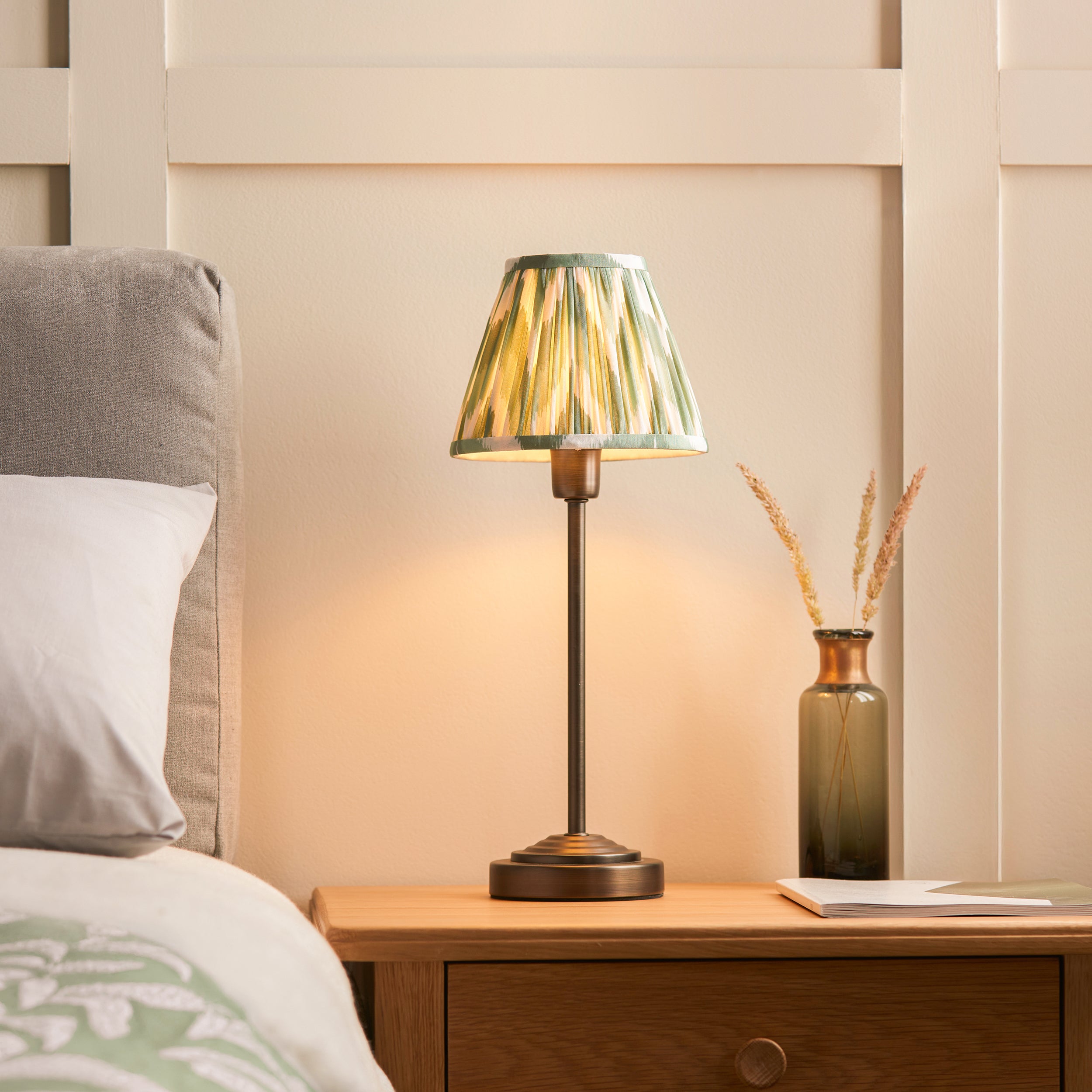 Endon Rise & Zigzag 16cm Table Lamp - Antique Bronze Plate & Cotswold Green Fabric