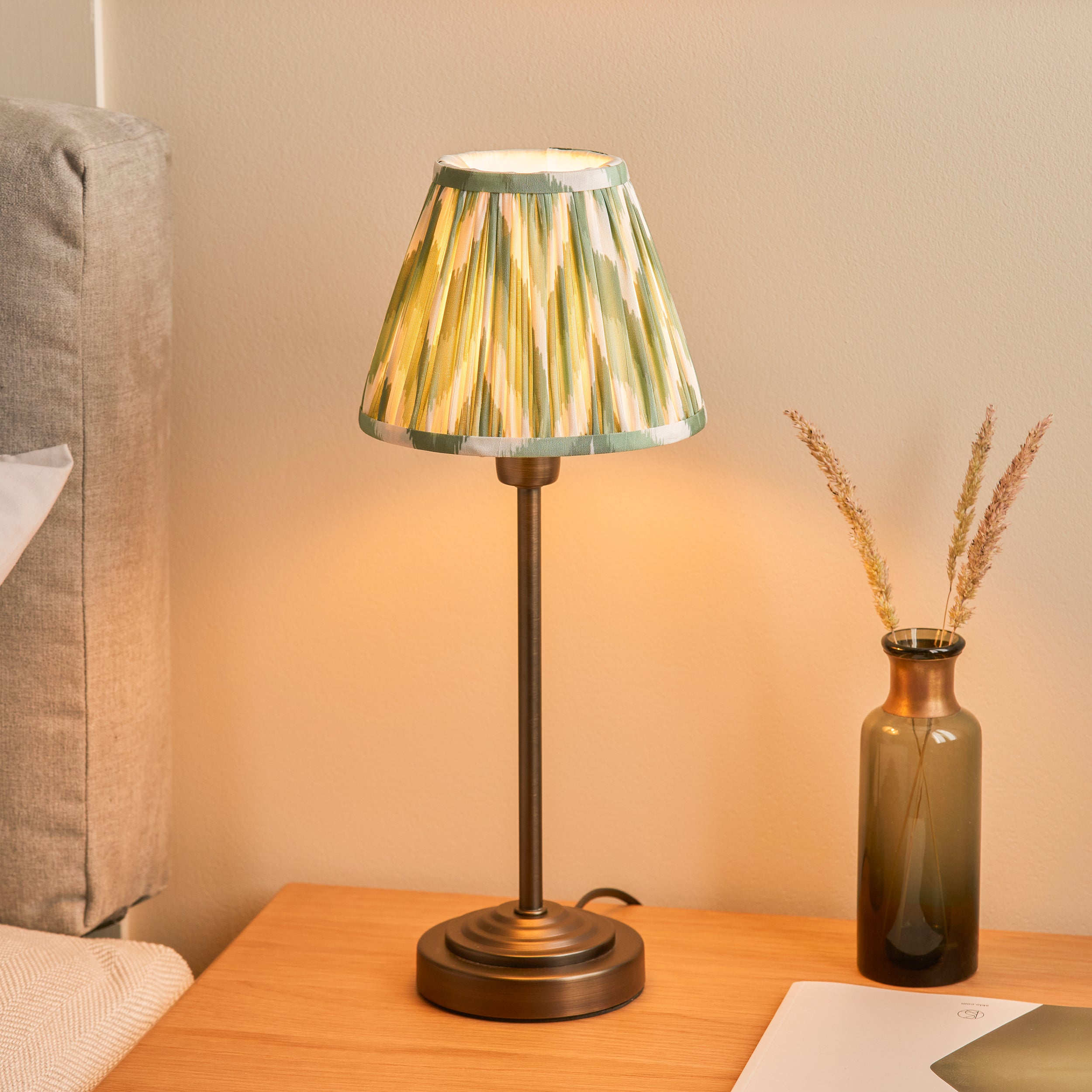 Endon Rise & Zigzag 16cm Table Lamp - Antique Bronze Plate & Cotswold Green Fabric