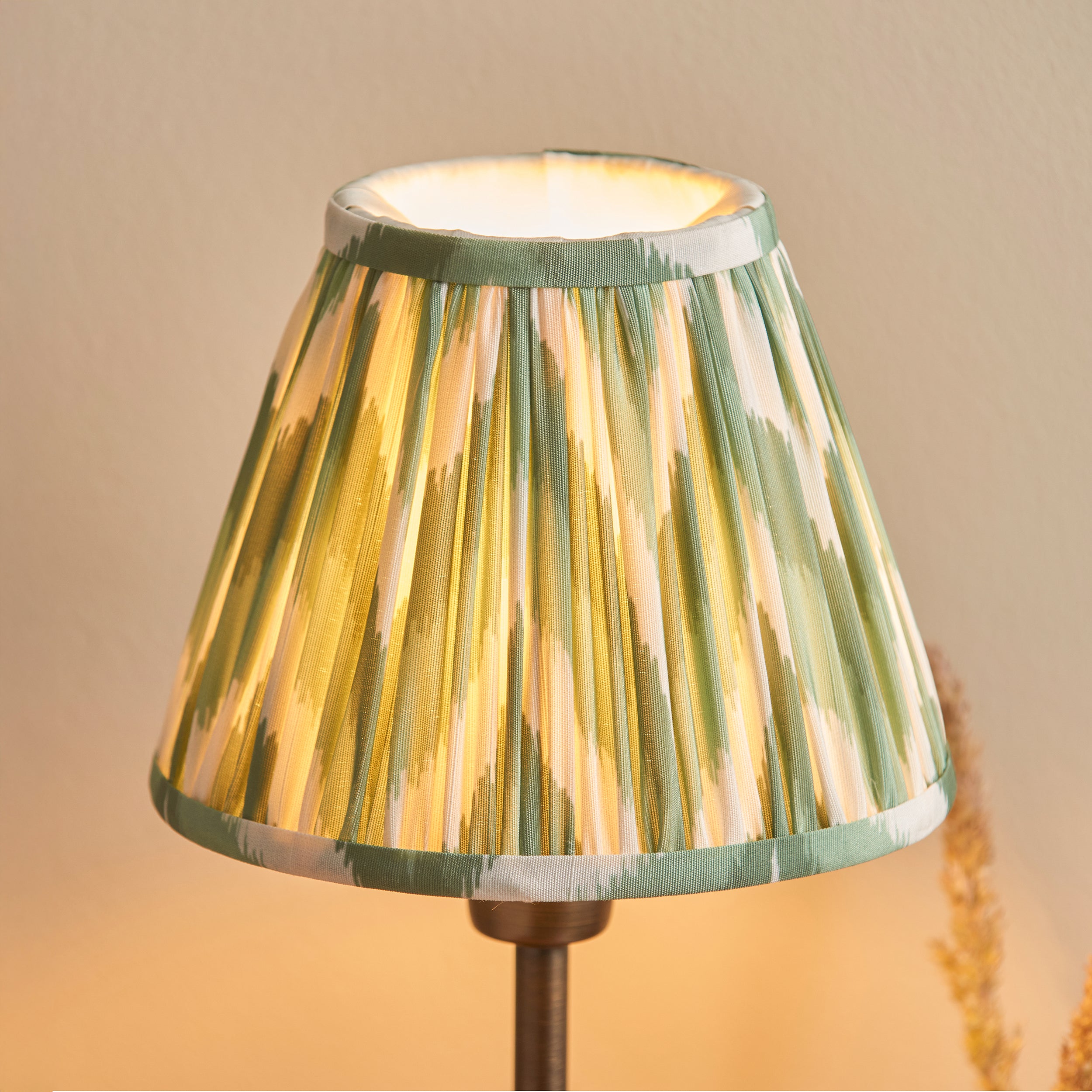 Endon Rise & Zigzag 16cm Table Lamp - Antique Bronze Plate & Cotswold Green Fabric