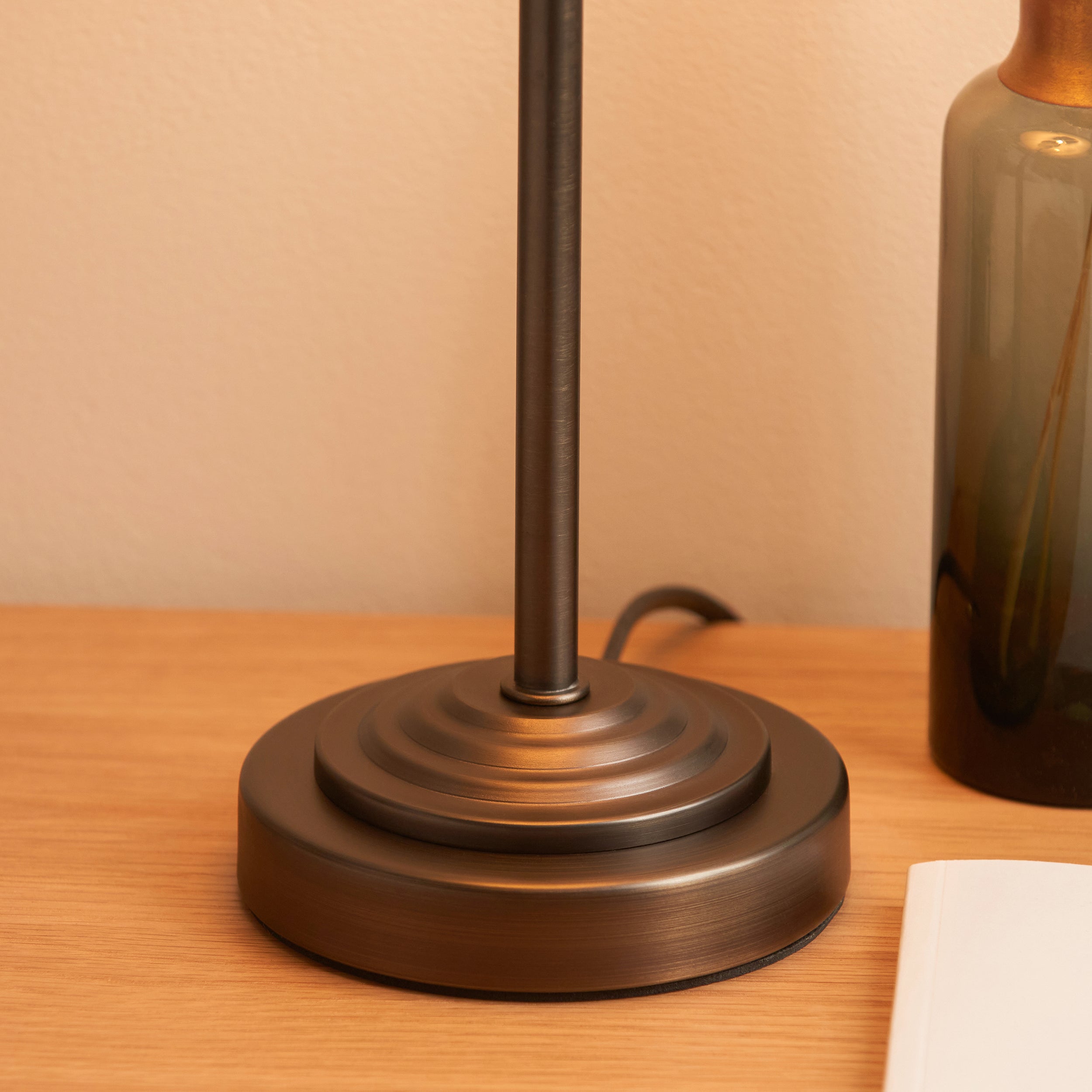 Endon Rise & Zigzag 16cm Table Lamp - Antique Bronze Plate & Cotswold Green Fabric