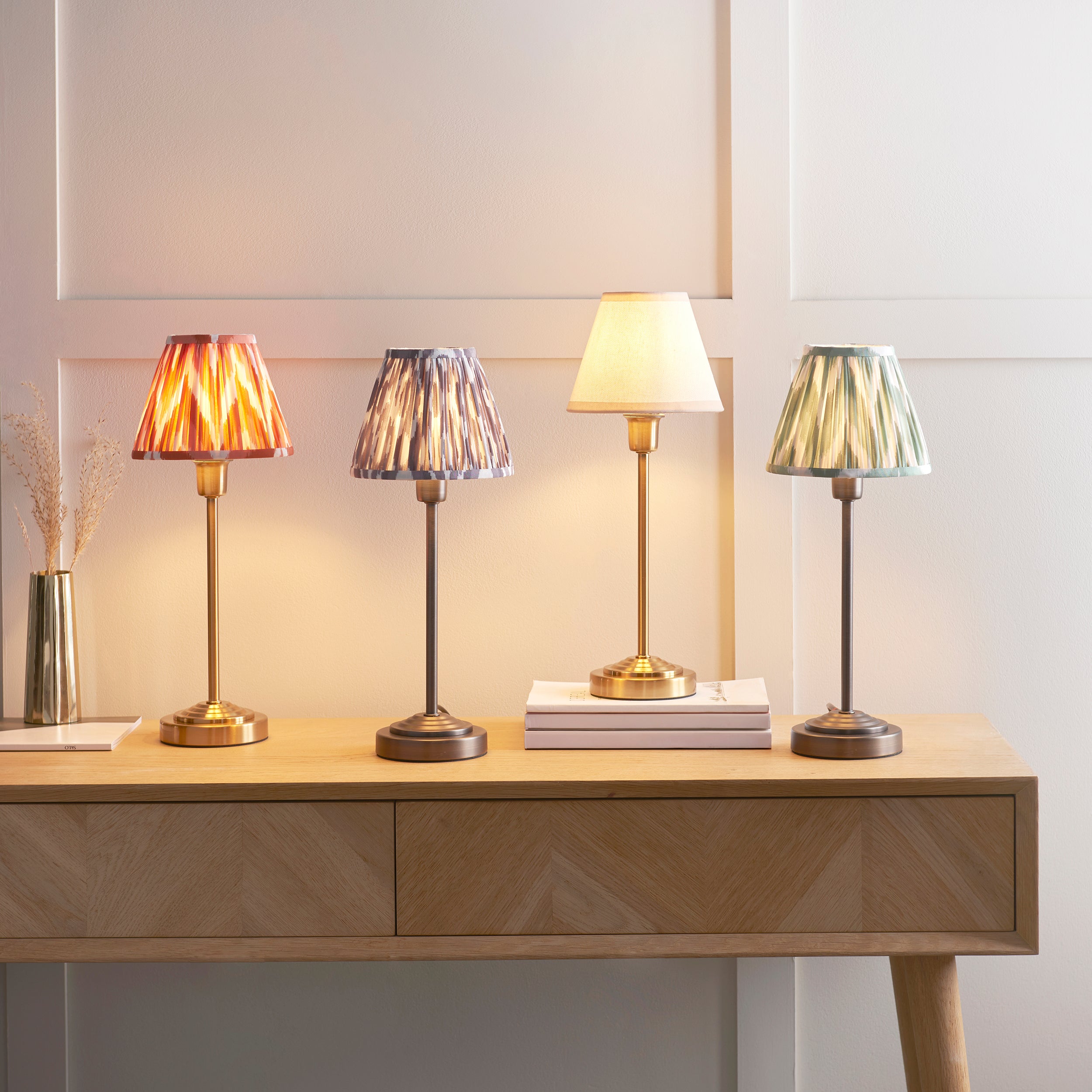 Endon Rise & Zigzag 16cm Table Lamp - Antique Bronze Plate & Cotswold Green Fabric