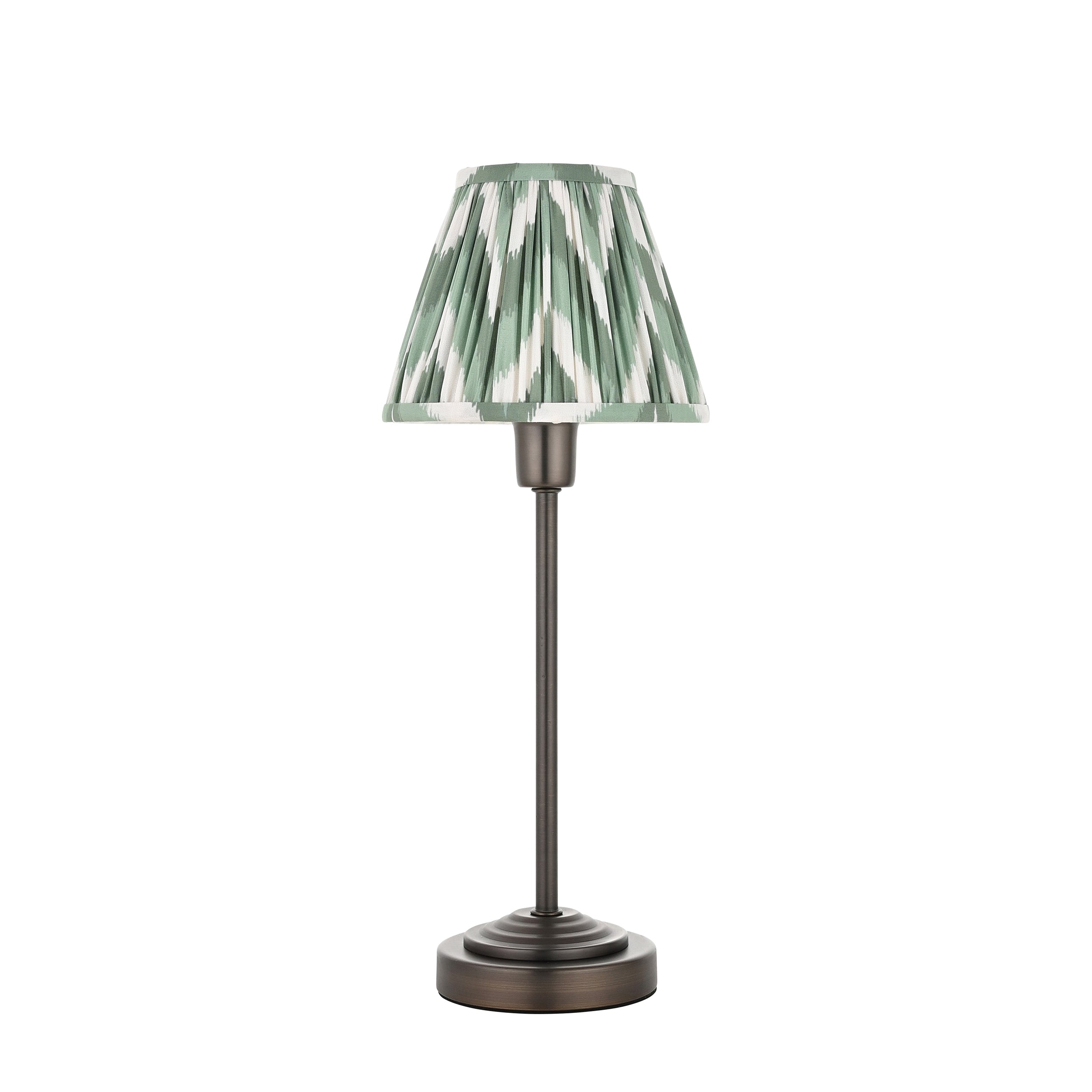 Endon Rise & Zigzag 16cm Table Lamp - Antique Bronze Plate & Cotswold Green Fabric