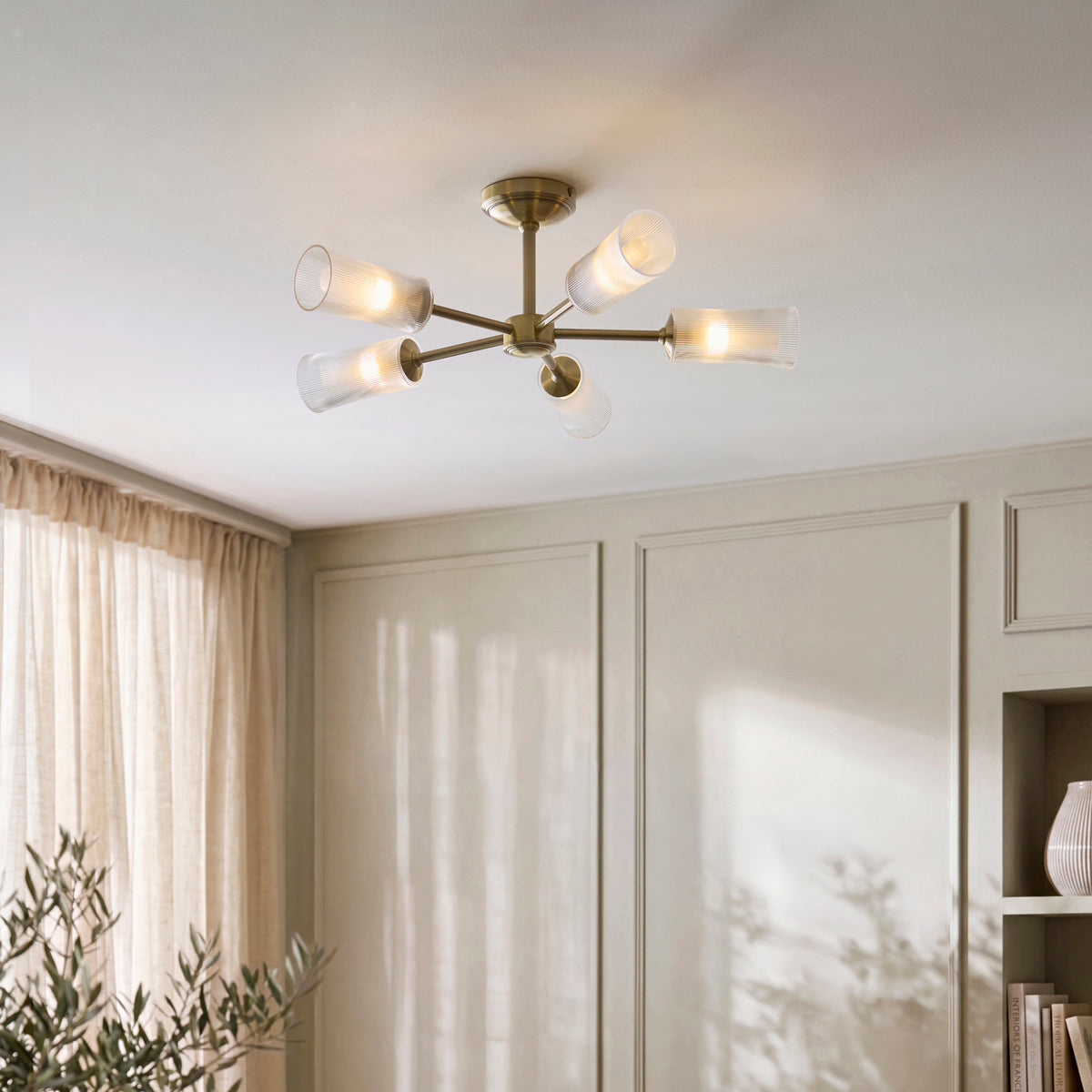 Endon Avelyn 5 Light Semi Flush - Antique Brass Plate & Clear Ribbed Glass