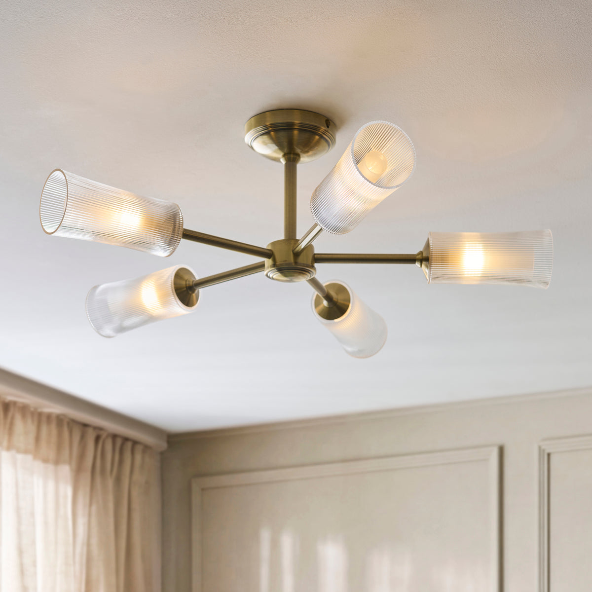 Endon Avelyn 5 Light Semi Flush - Antique Brass Plate & Clear Ribbed Glass
