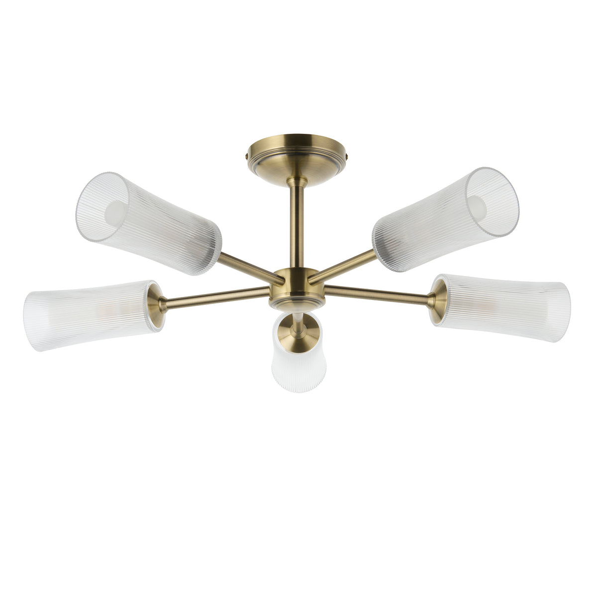 Endon Avelyn 5 Light Semi Flush - Antique Brass Plate & Clear Ribbed Glass