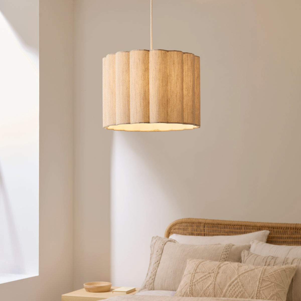 Endon Olson Pendant - Oak Stained Wood & Natural Fabric
