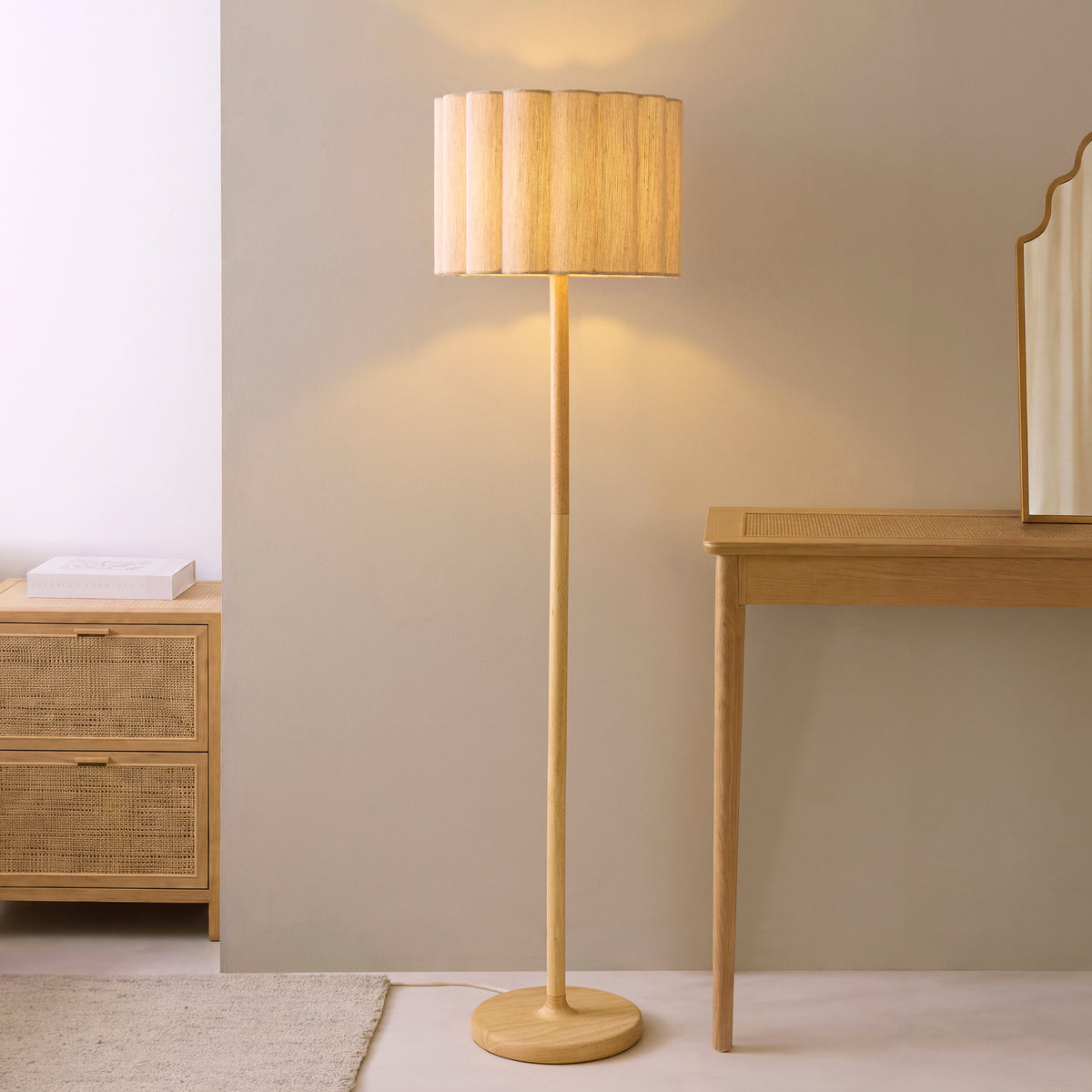 Endon Olson Floor Light - Oak Stained Wood & Natural Fabric