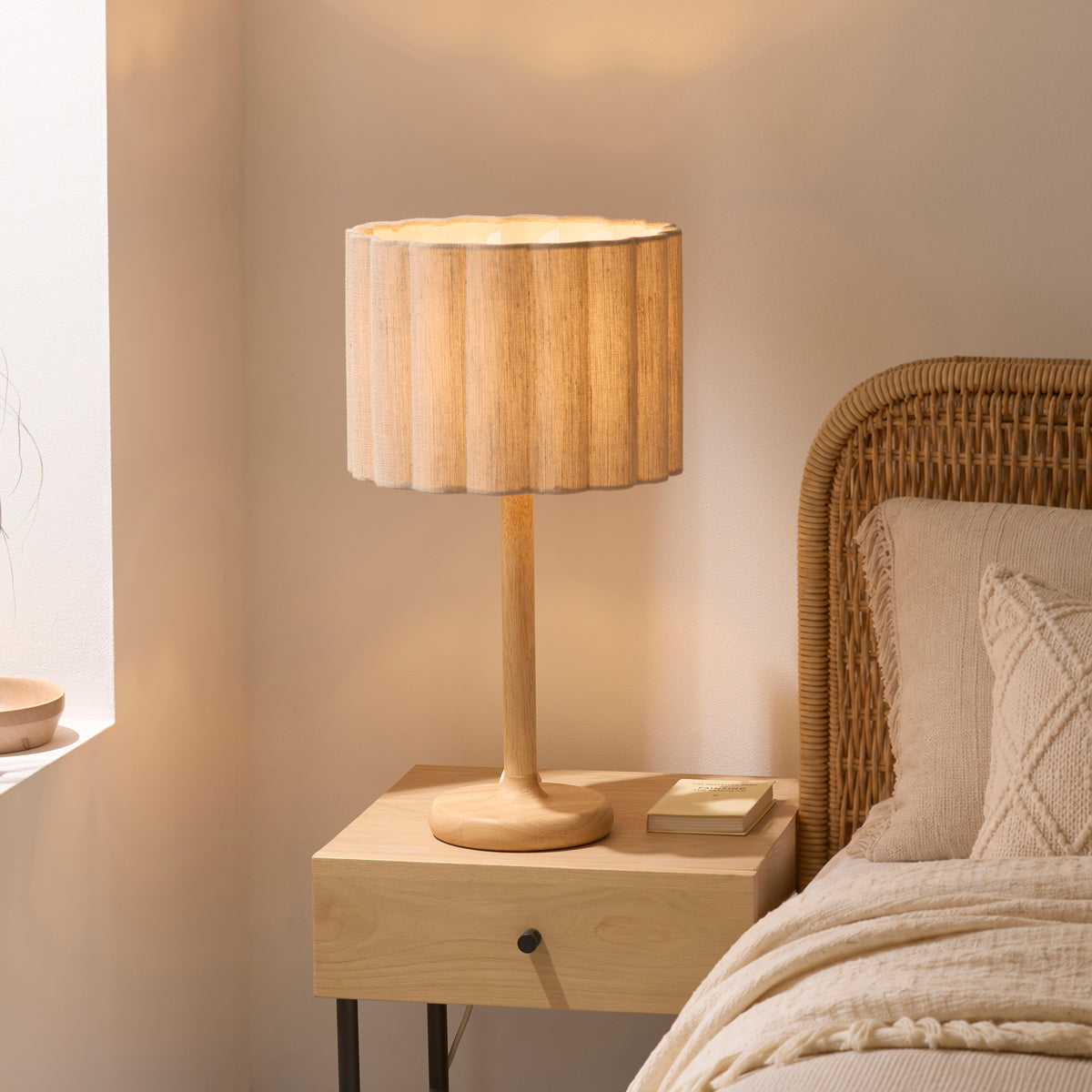 Endon Olson Table Light - Oak Stained Wood & Natural Fabric