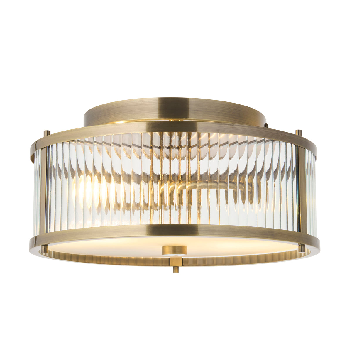 Product shot of the Endon Ridgeton IP44 2 light flush ceiling light in antique brass with clear ribbed glass panels on a white background