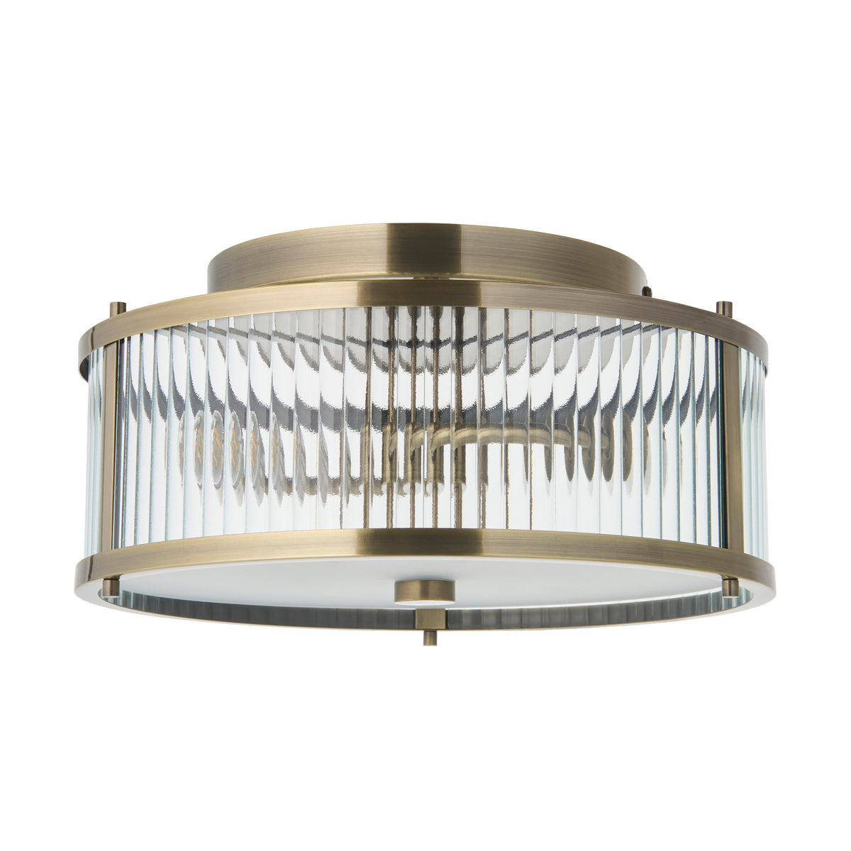 Plain product shot of the Endon Ridgeton IP44 2 light flush ceiling light in antique brass with clear ribbed glass and a frosted glass diffuser on a white background