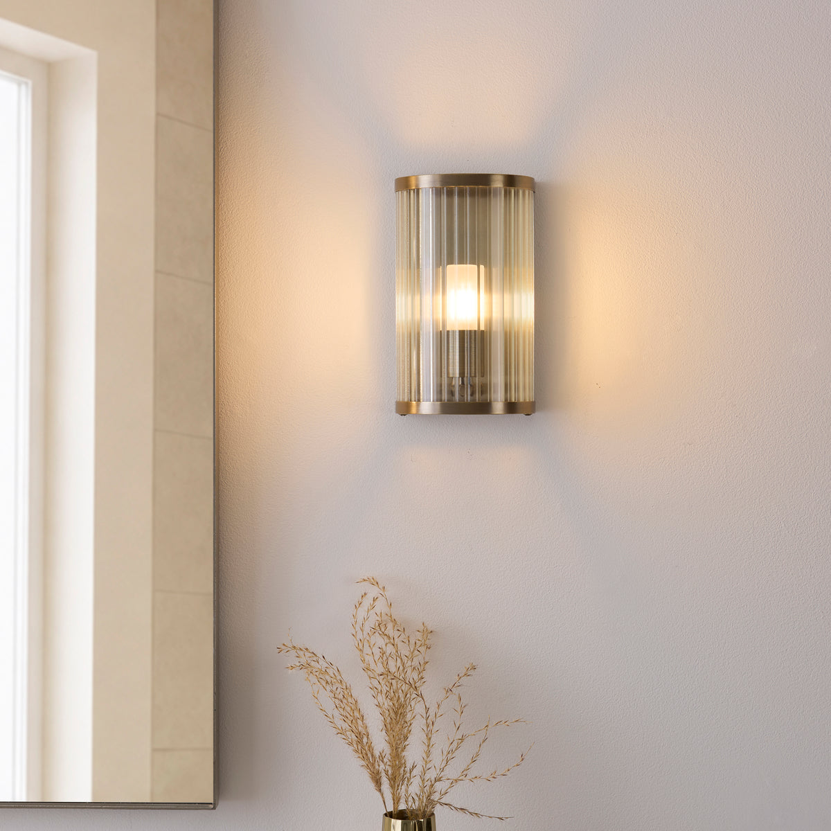 Endon Ridgeton IP44 Wall Light - Antique Brass Plate & Clear Ribbed Glass
