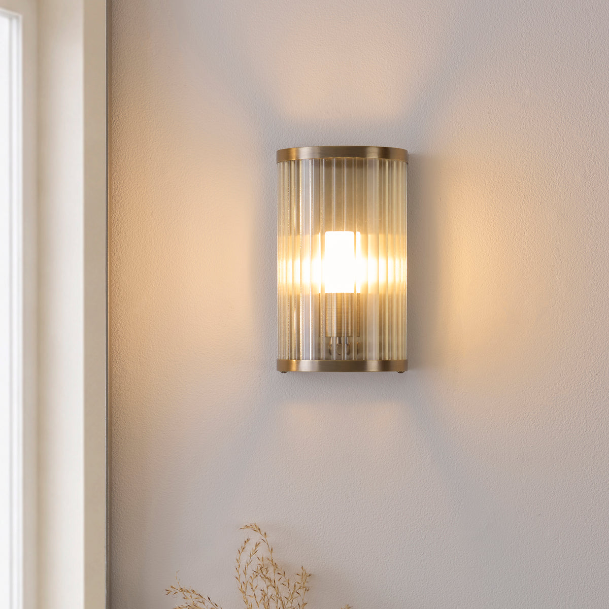 Endon Ridgeton IP44 Wall Light - Antique Brass Plate & Clear Ribbed Glass