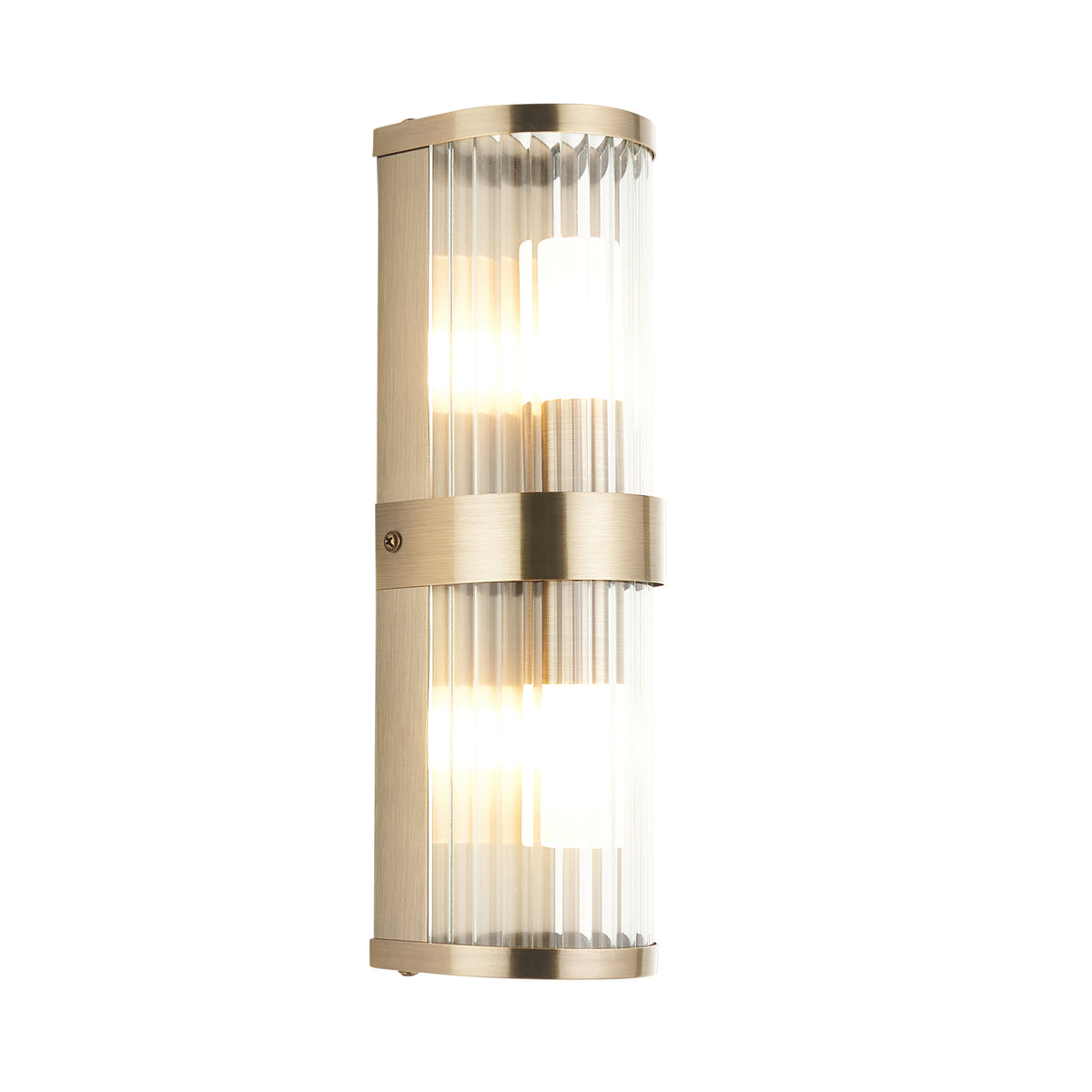 Endon Ridgeton IP44 2 Light Wall Light - Antique Brass Plate & Clear Ribbed Glass