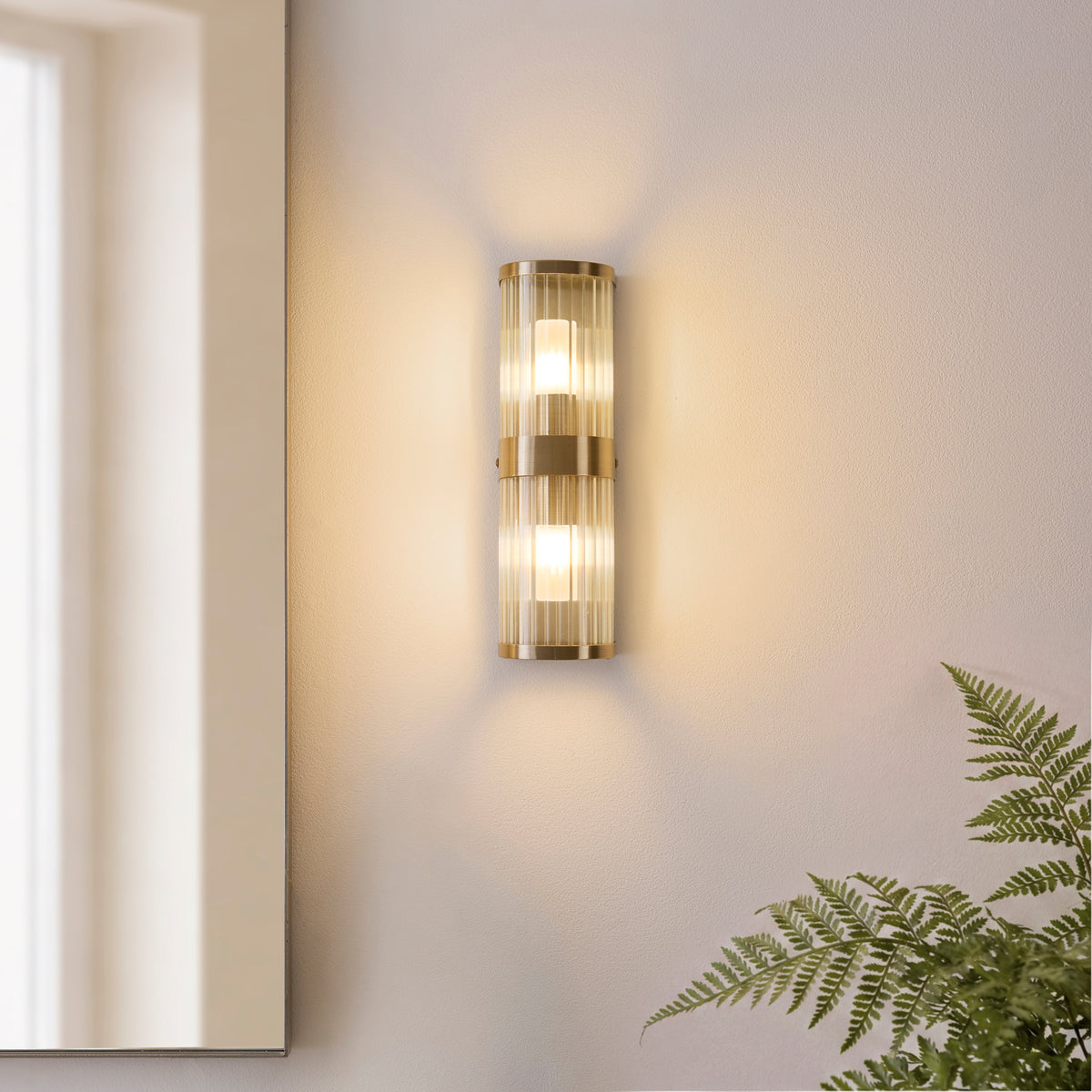 Endon Ridgeton IP44 2 Light Wall Light - Antique Brass Plate & Clear Ribbed Glass