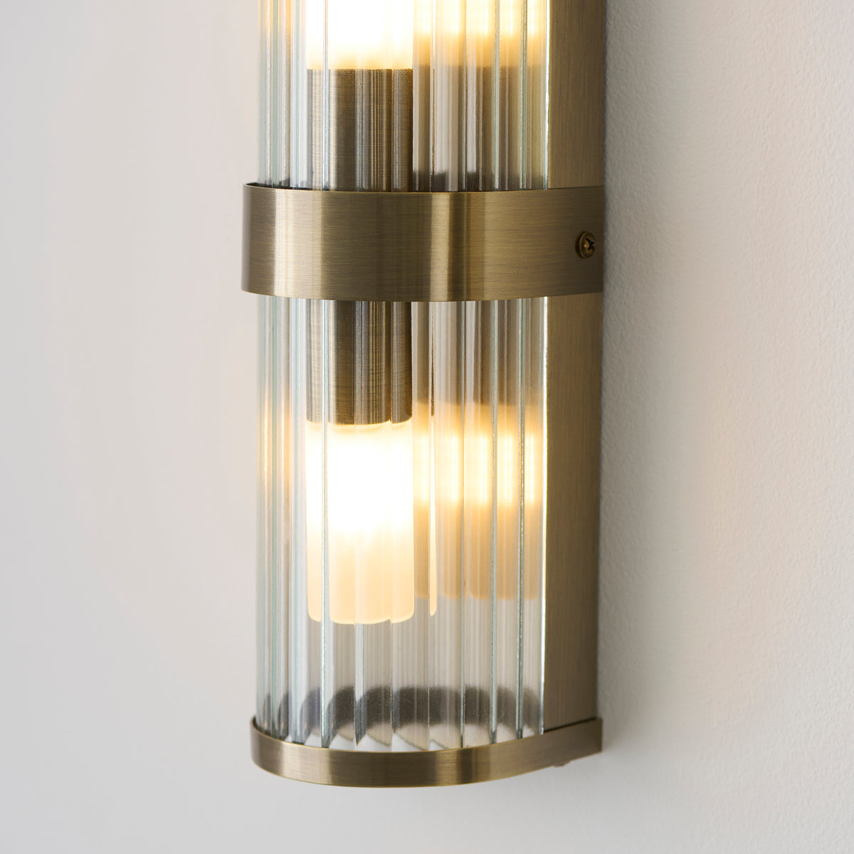 Endon Ridgeton IP44 2 Light Wall Light - Antique Brass Plate & Clear Ribbed Glass