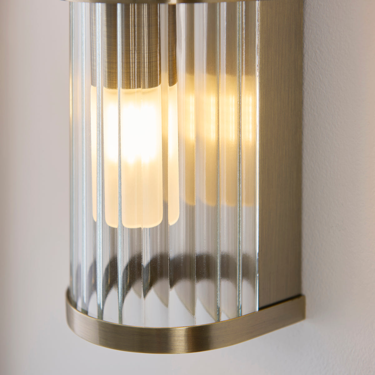 Endon Ridgeton IP44 2 Light Wall Light - Antique Brass Plate & Clear Ribbed Glass