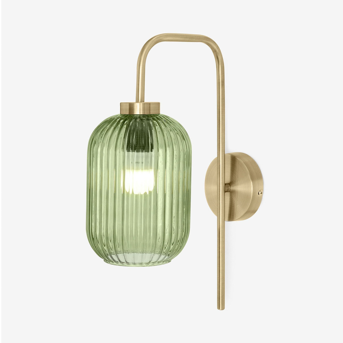 MADE Briz wall light in brushed brass with ribbed green glass shade, studio shot from the front
