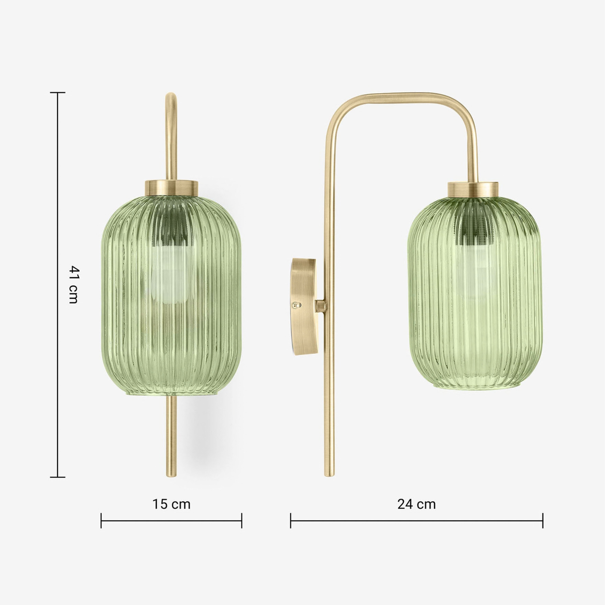 MADE Briz wall light with green glass shade, dimensions diagram 41 by 24 by 15 cm