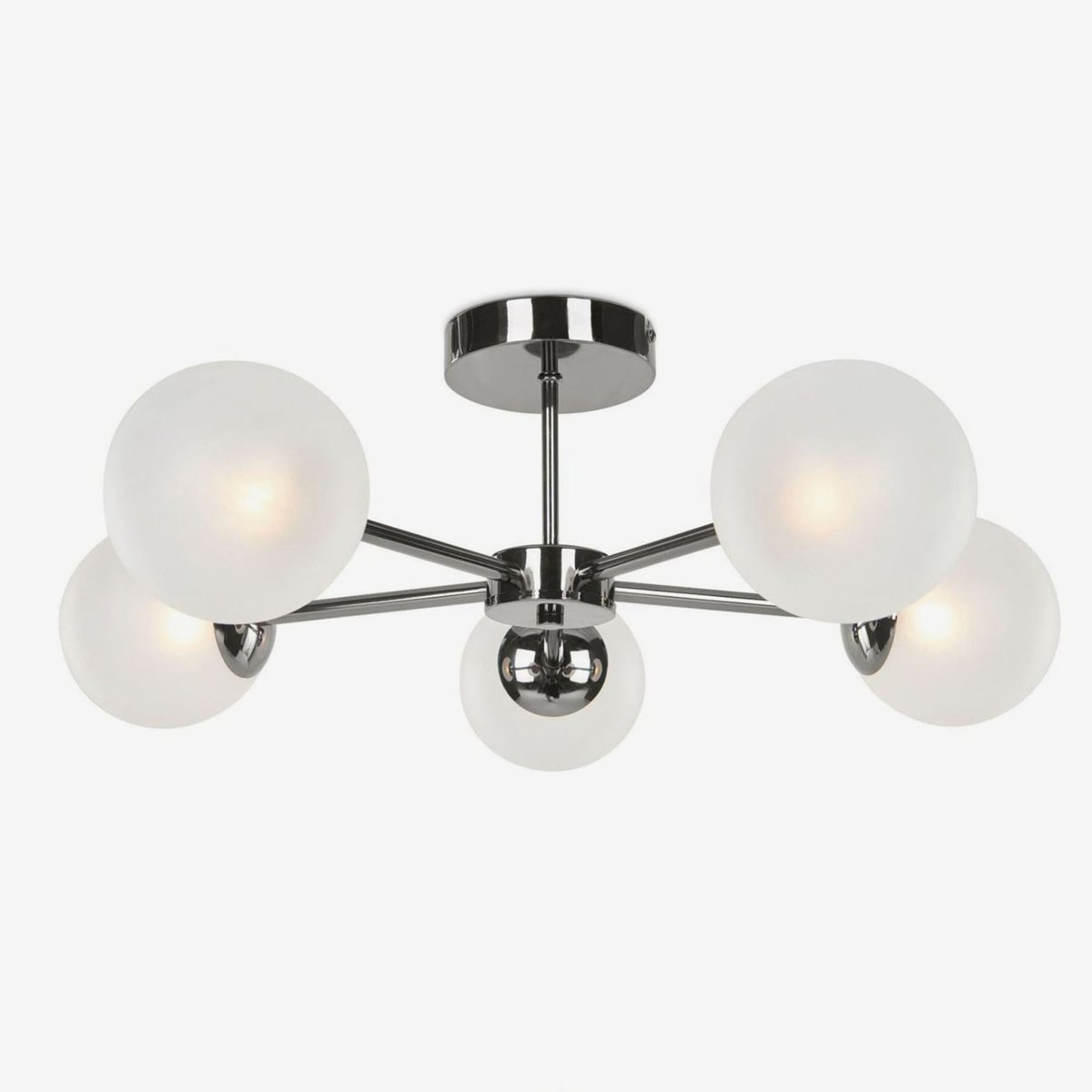 MADE.COM Globe 5 light flush ceiling light in chrome with frosted glass globes, studio shot