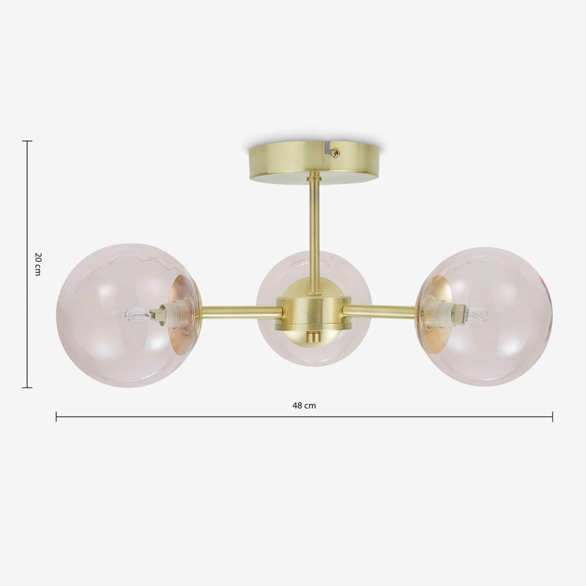 MADE Globe 3 light flush ceiling light, dimensions diagram 20 by 48 cm