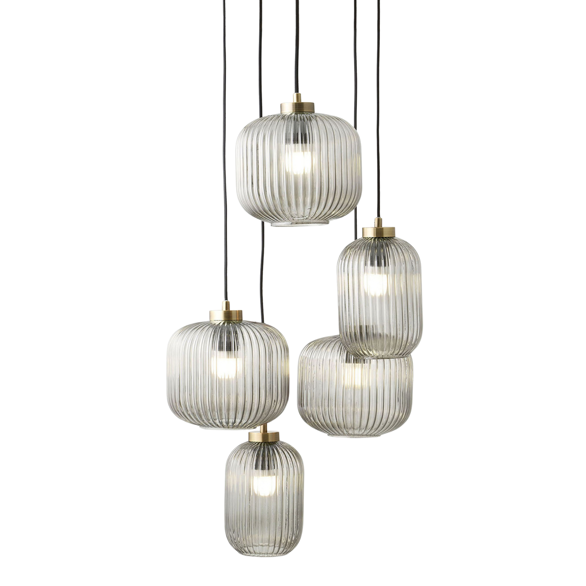 MADE Briz five light cluster pendant in antique brass with ribbed grey glass, studio shot