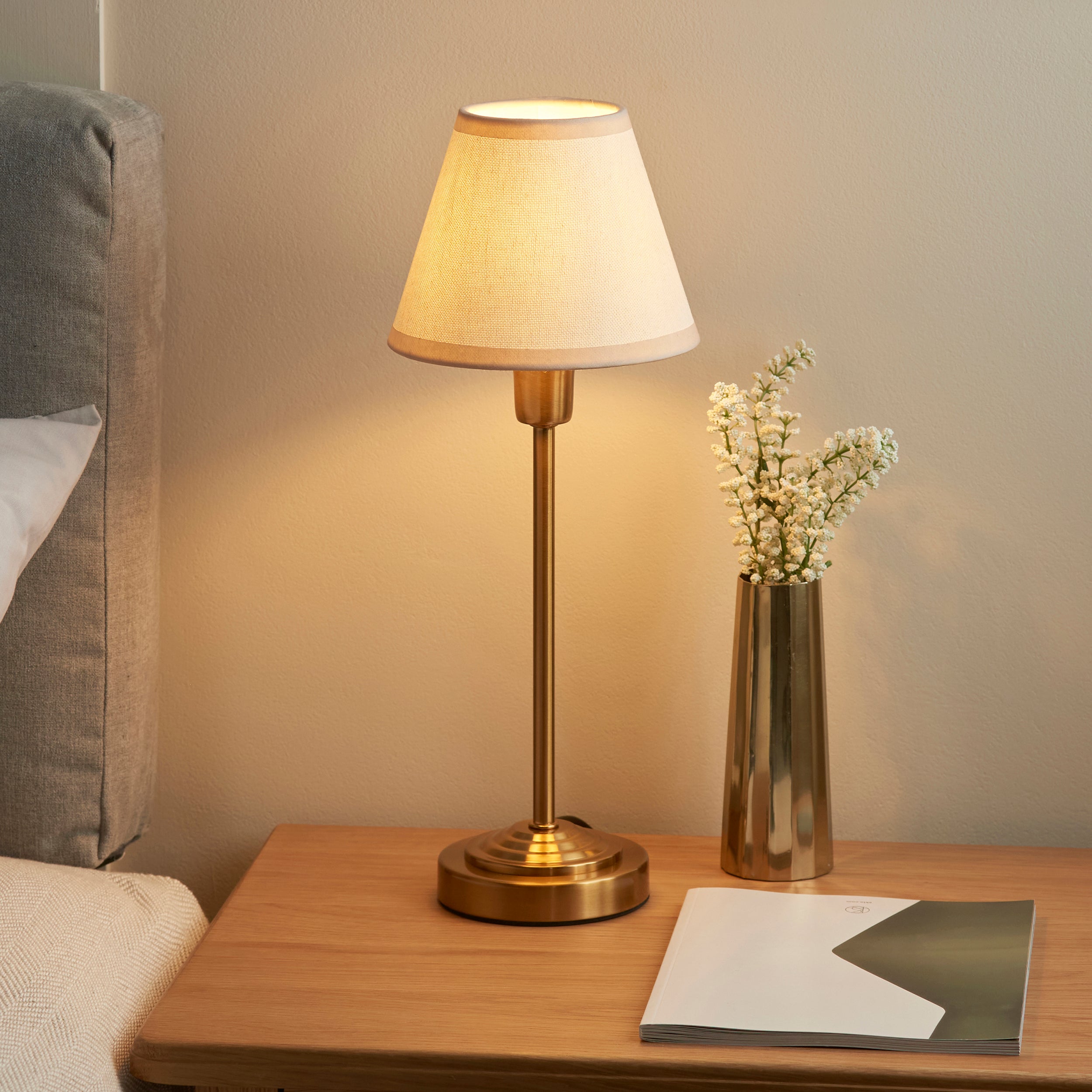 Endon Rise & Ivy 16cm Table Lamp - Vintage Brass Finish & Vintage White Fabric