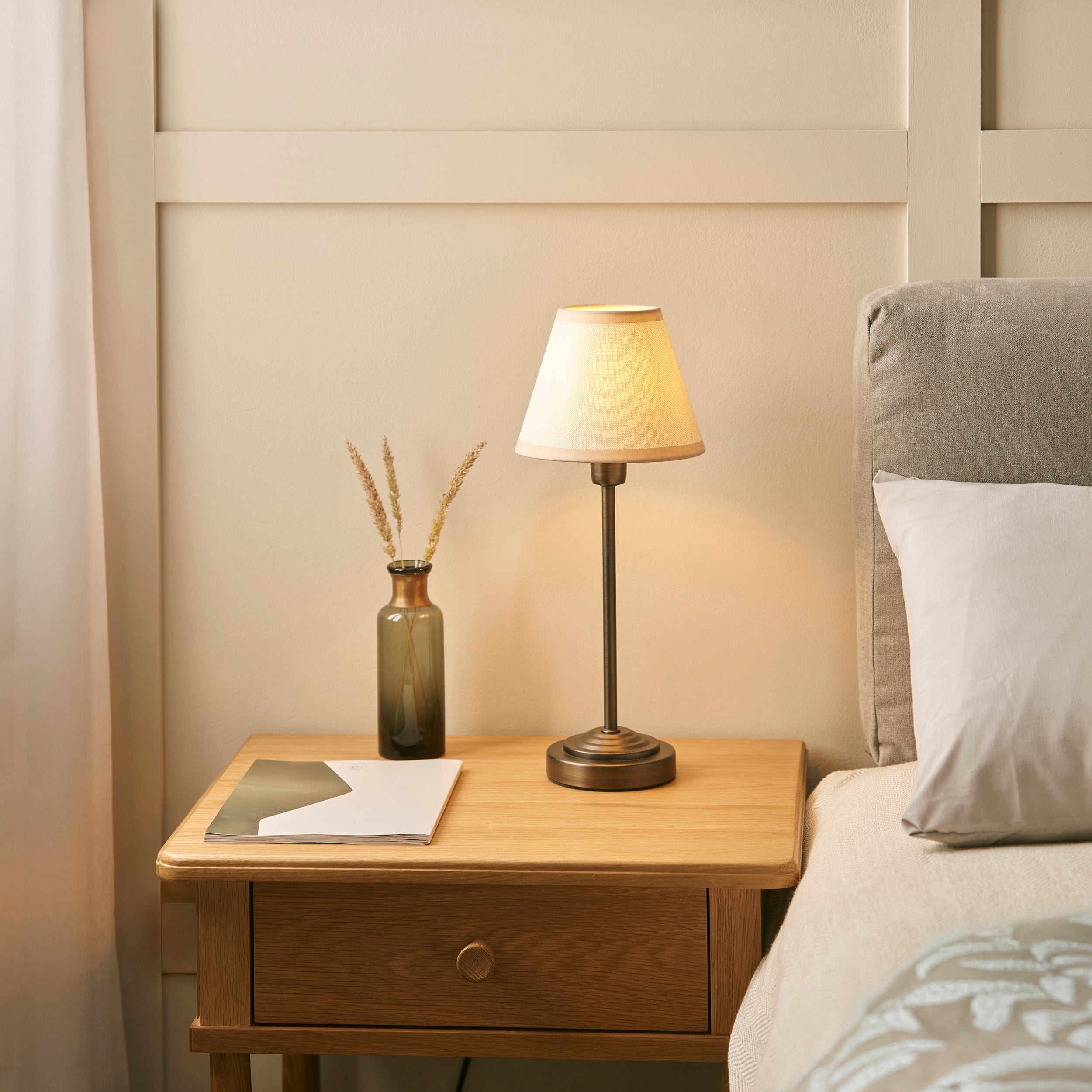 Endon Rise & Ivy 16cm Table Lamp - Antique Bronze Plate & Vintage White Fabric