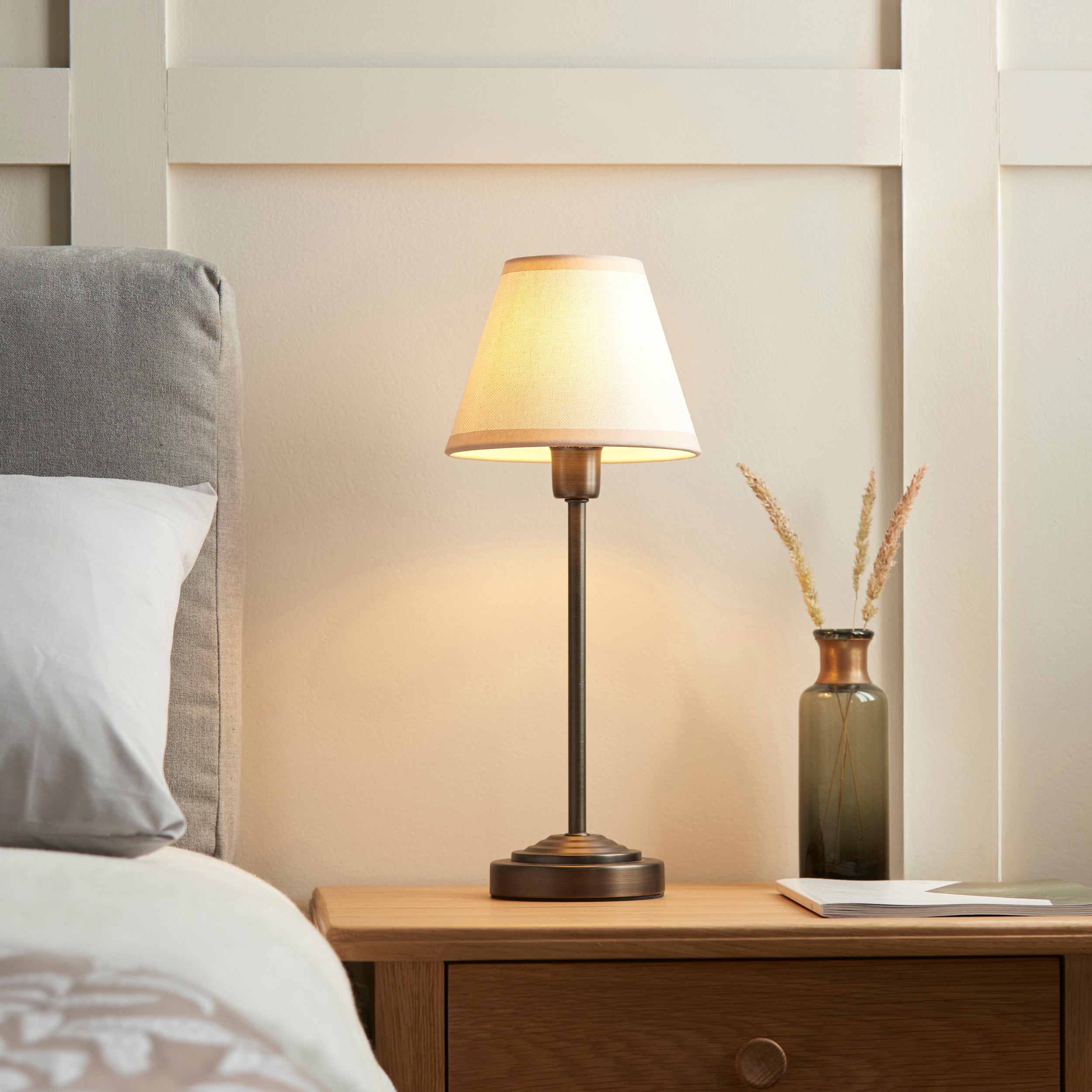 Endon Rise & Ivy 16cm Table Lamp - Antique Bronze Plate & Vintage White Fabric