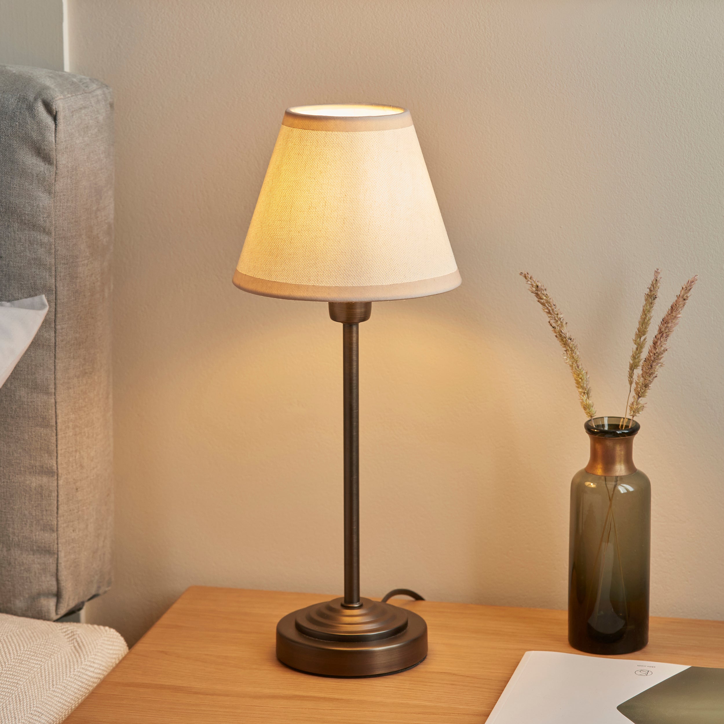 Endon Rise & Ivy 16cm Table Lamp - Antique Bronze Plate & Vintage White Fabric