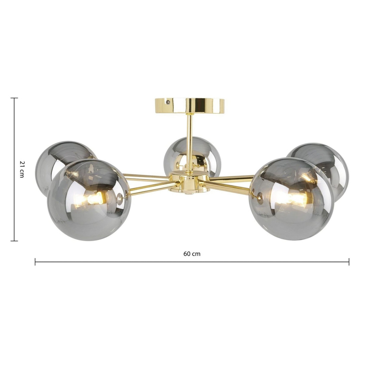 Dimensions diagram for MADE Globe 5 light smoked glass ceiling light, 60 cm wide and 21 cm deep
