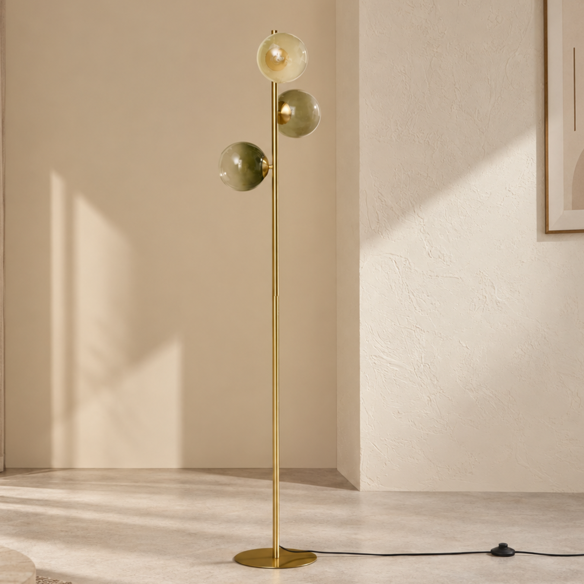 MADE.COM Globe Floor Lamp in Brushed Brass with Green Ombre Glass Shades