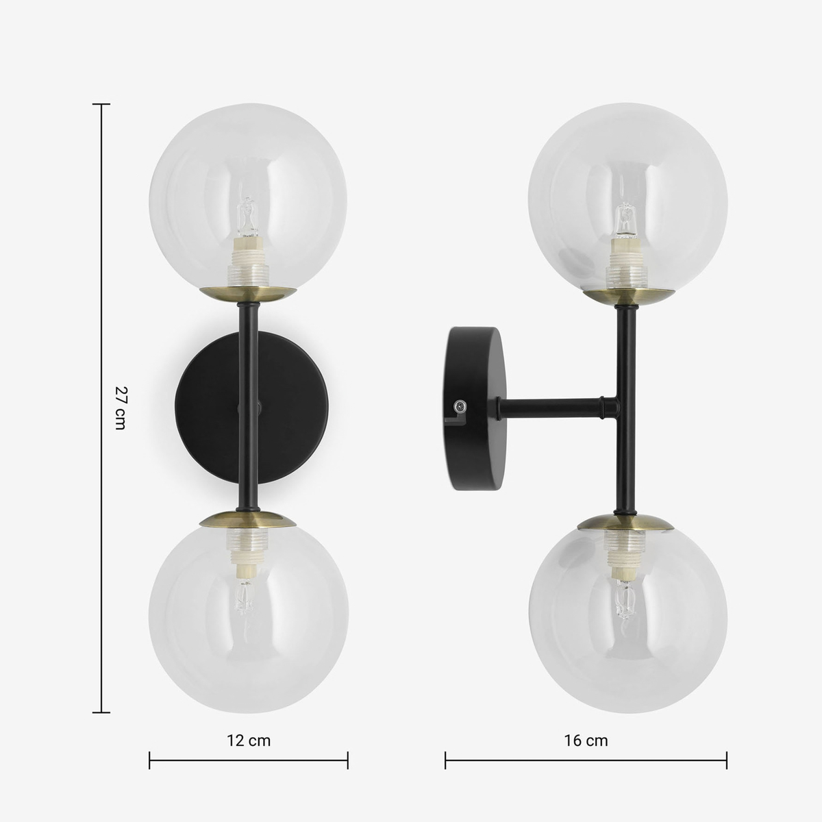 Dimensions diagram for MADE Globe wall light, 27 cm high, 12 cm wide and 16 cm projection