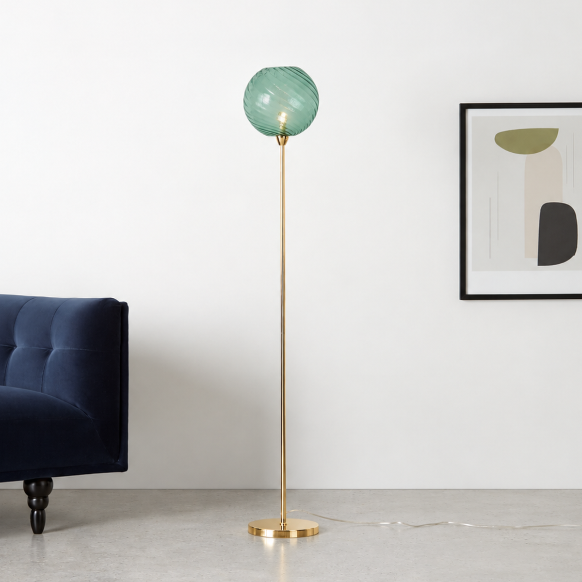 MADE.COM Ilaria Floor Lamp in Polished Brass with Blue Tinted Dimpled Glass Shade
