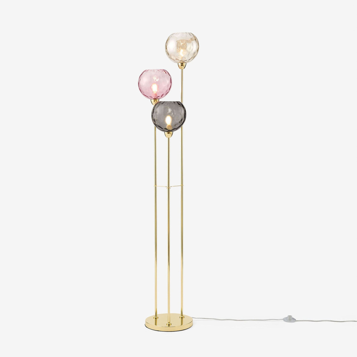 MADE.COM Ilaria Floor Lamp in Polished Brass with Light Pink Dimpled Glass Shades