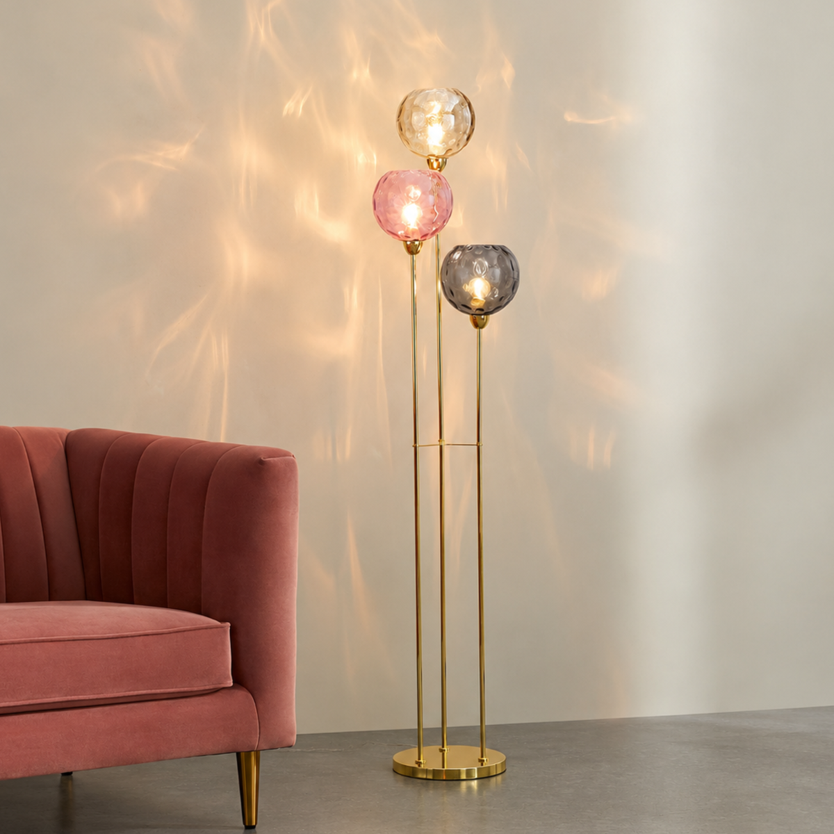 MADE.COM Ilaria Floor Lamp in Polished Brass with Light Pink Dimpled Glass Shades