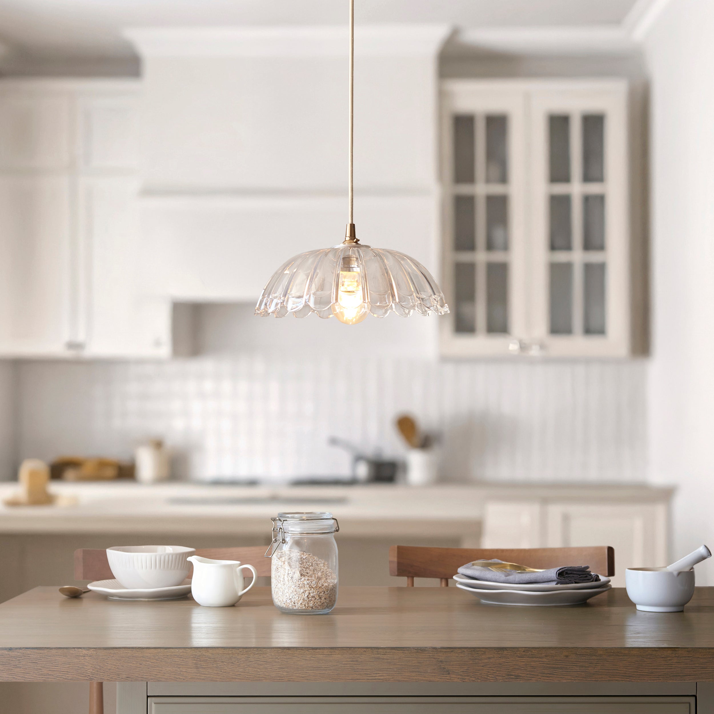 Endon Eltham & Carnation Pendant - Clear Glass & Brushed Aged Brass With Natural Braided Cable