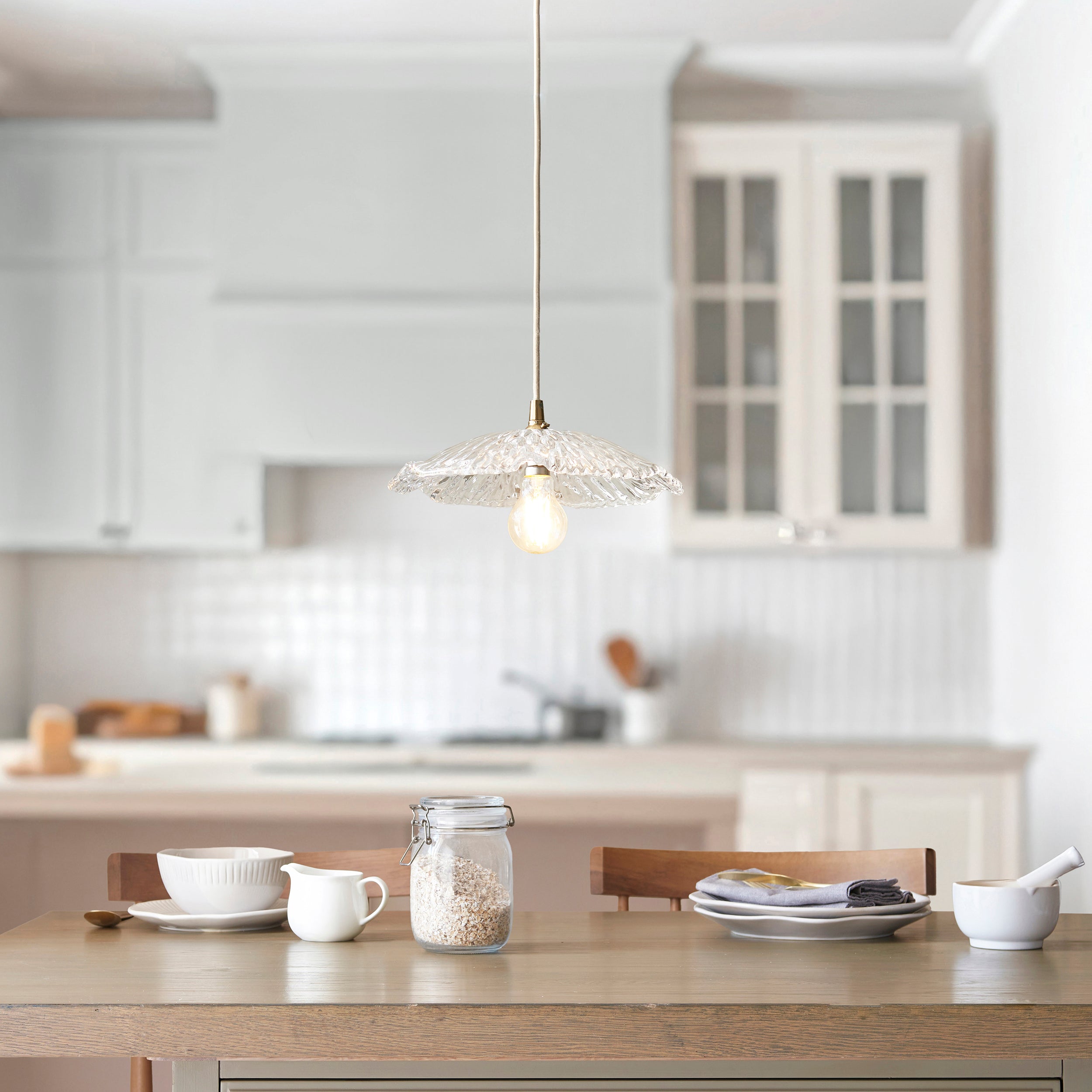 Endon Eltham & Orchid Pendant - Clear Glass & Brushed Aged Brass With Natural Braided Cable