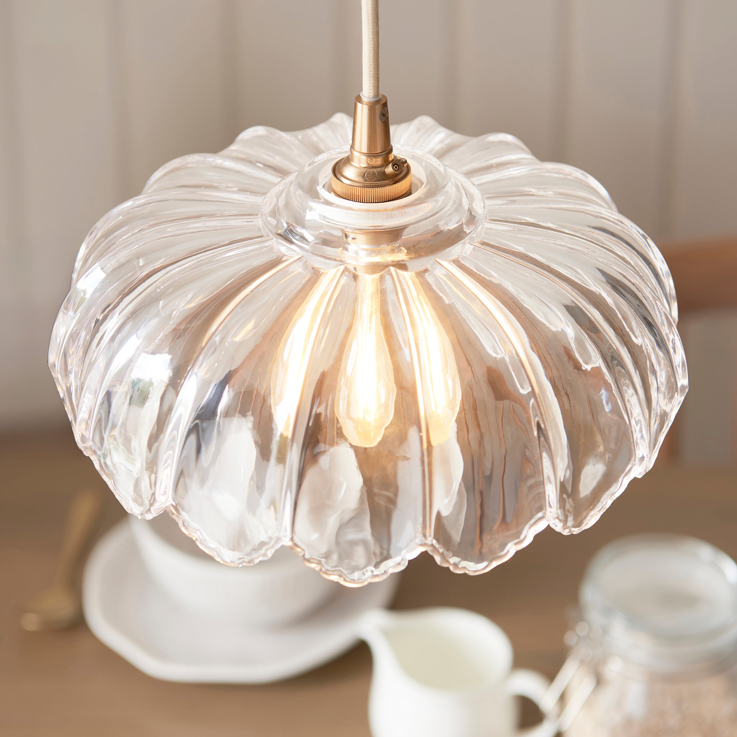 Endon Eltham & Camellia Pendant - Clear Glass & Brushed Aged Brass With Natural Braided Cable