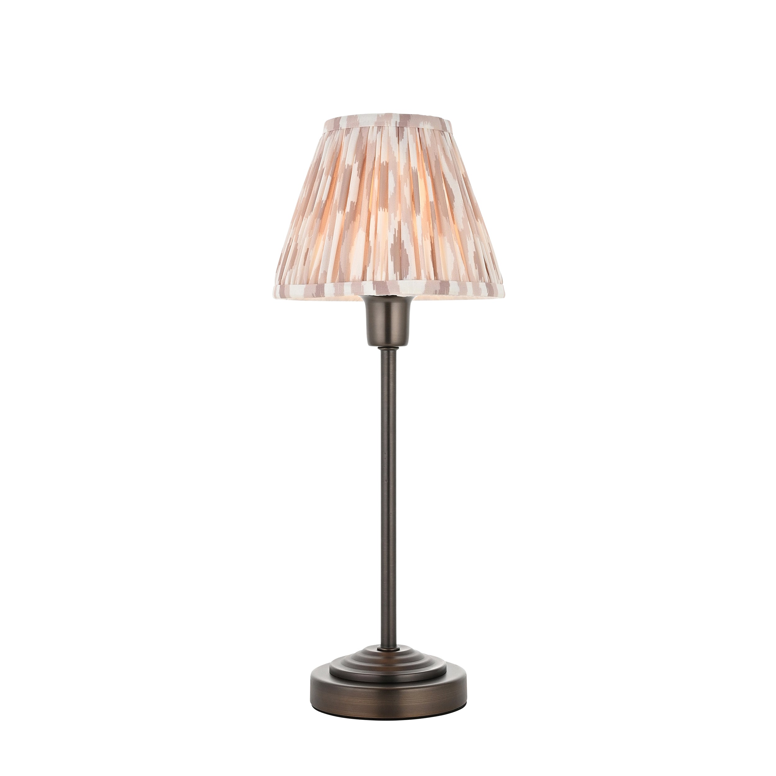 Endon Rise & Ikat 16cm Table Lamp - Antique Bronze Plate & Neutral Print Fabric