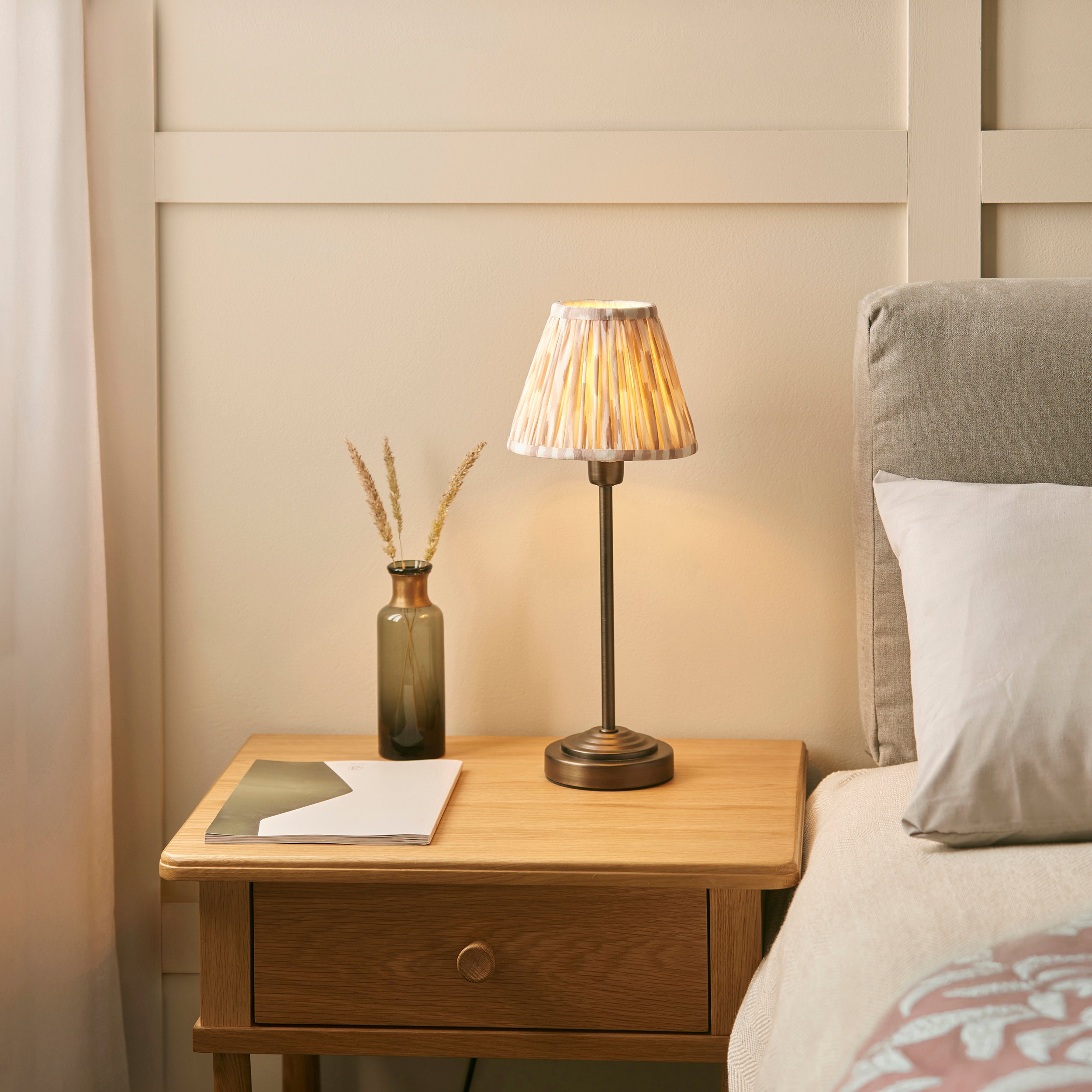 Endon Rise & Ikat 16cm Table Lamp - Antique Bronze Plate & Neutral Print Fabric