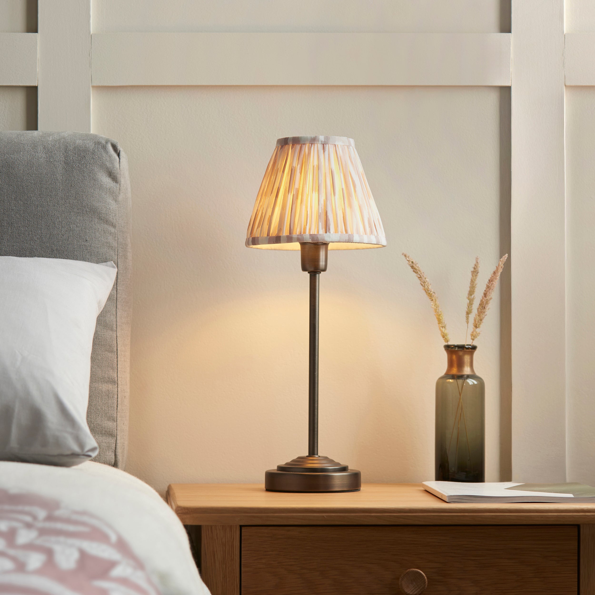 Endon Rise & Ikat 16cm Table Lamp - Antique Bronze Plate & Neutral Print Fabric