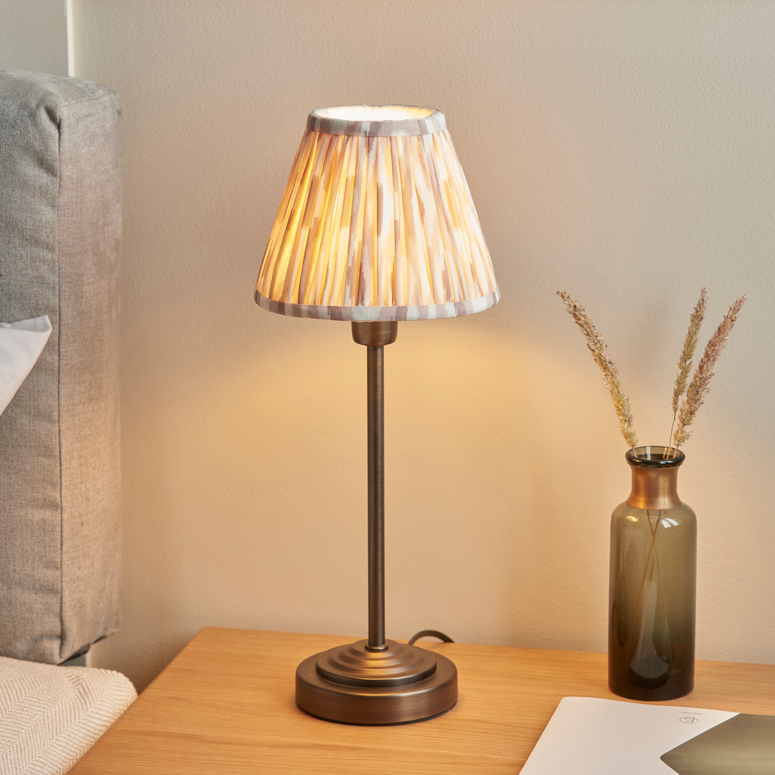 Endon Rise & Ikat 16cm Table Lamp - Antique Bronze Plate & Neutral Print Fabric
