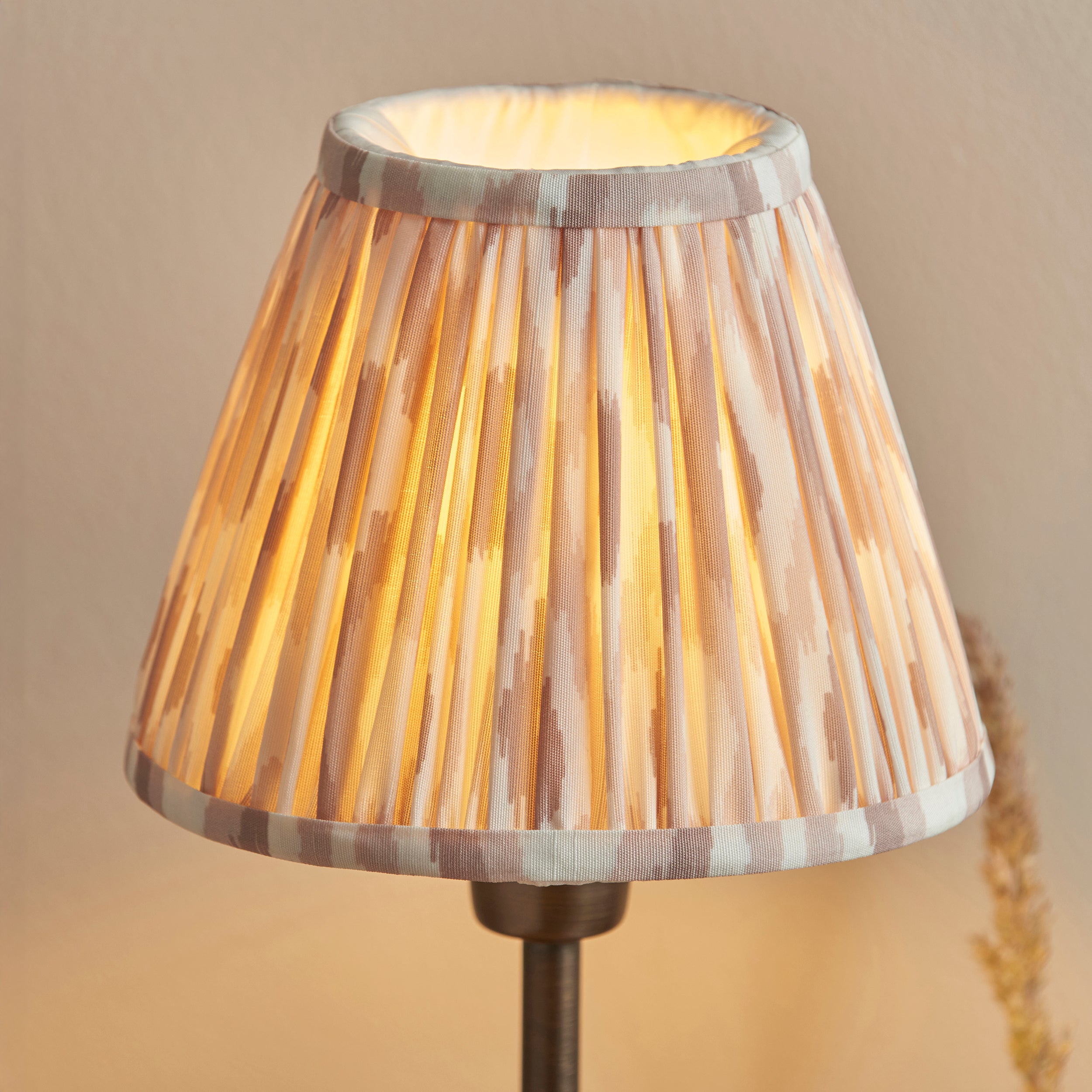 Endon Rise & Ikat 16cm Table Lamp - Antique Bronze Plate & Neutral Print Fabric