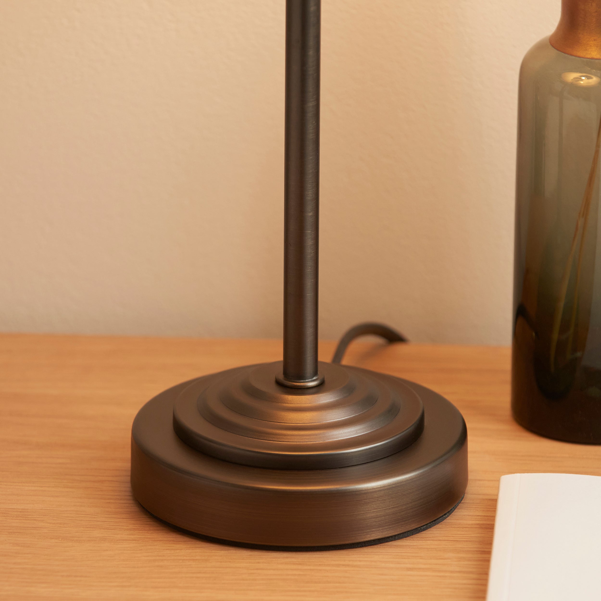 Endon Rise & Ikat 16cm Table Lamp - Antique Bronze Plate & Neutral Print Fabric